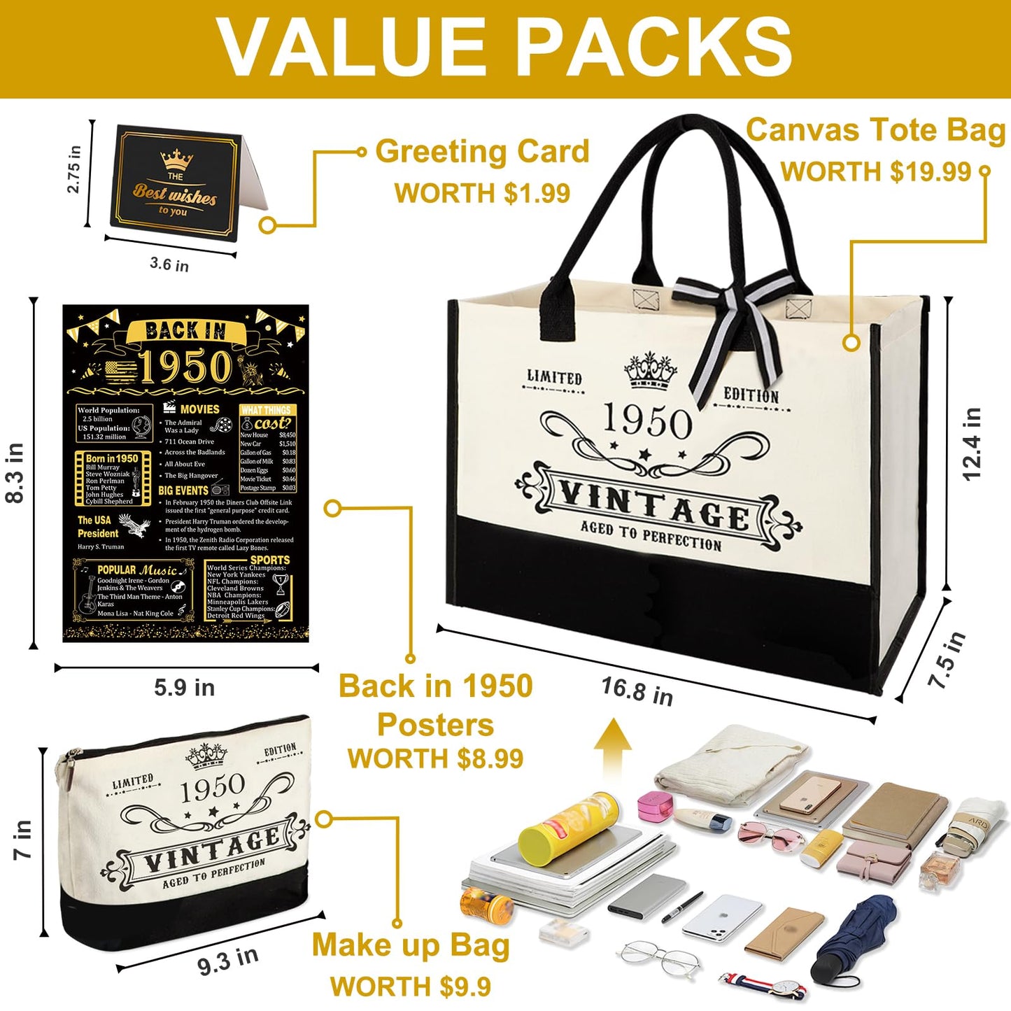 75th Birthday Gifts for Women Canvas Tote Bag Travel Gear, Unique 75 Years Old Birthday Gifts for Mom Wife Aunt Friends Her, Vintage 1950 Handbag & Cosmetic Bag & Back in 1950 Poster