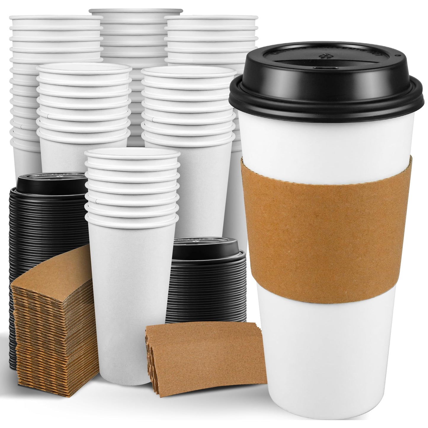 Ginkgo 100 Pack 20 oz Disposable Paper Coffee Cups with Lids and Sleeves, to Go Hot Coffee Cups for Hot Chocolate, Cocoa, Tea and Drinks