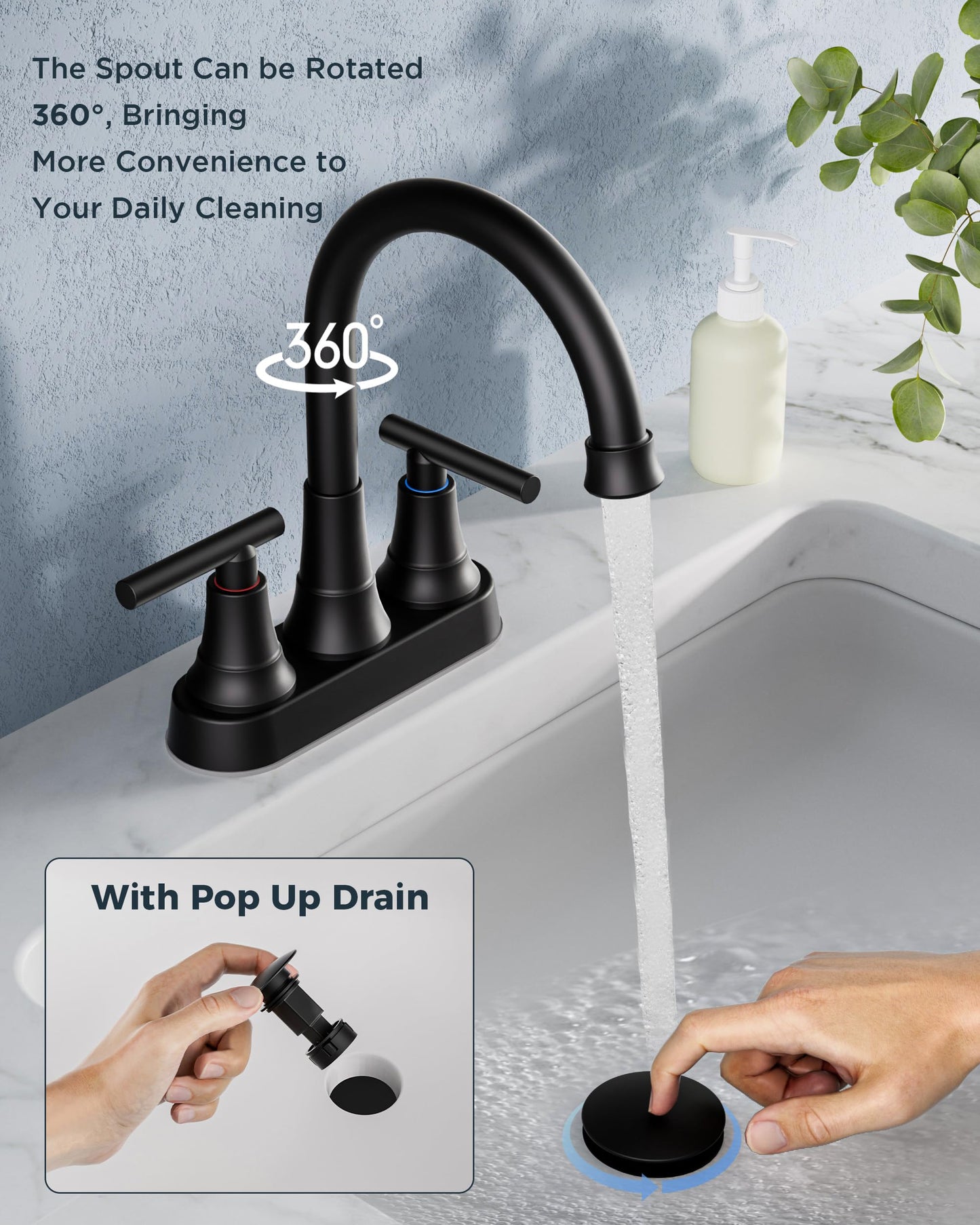 FORIOUS Bathroom Faucets for Sink 2 or 3 Hole, 4 inch Blcak Bathroom Sink Faucet with Pop-up Drain and cUPC Supply Hoses, Lead-Free 2-Handle Centerset Faucet for Basin,Vanity, RV, Matte Black