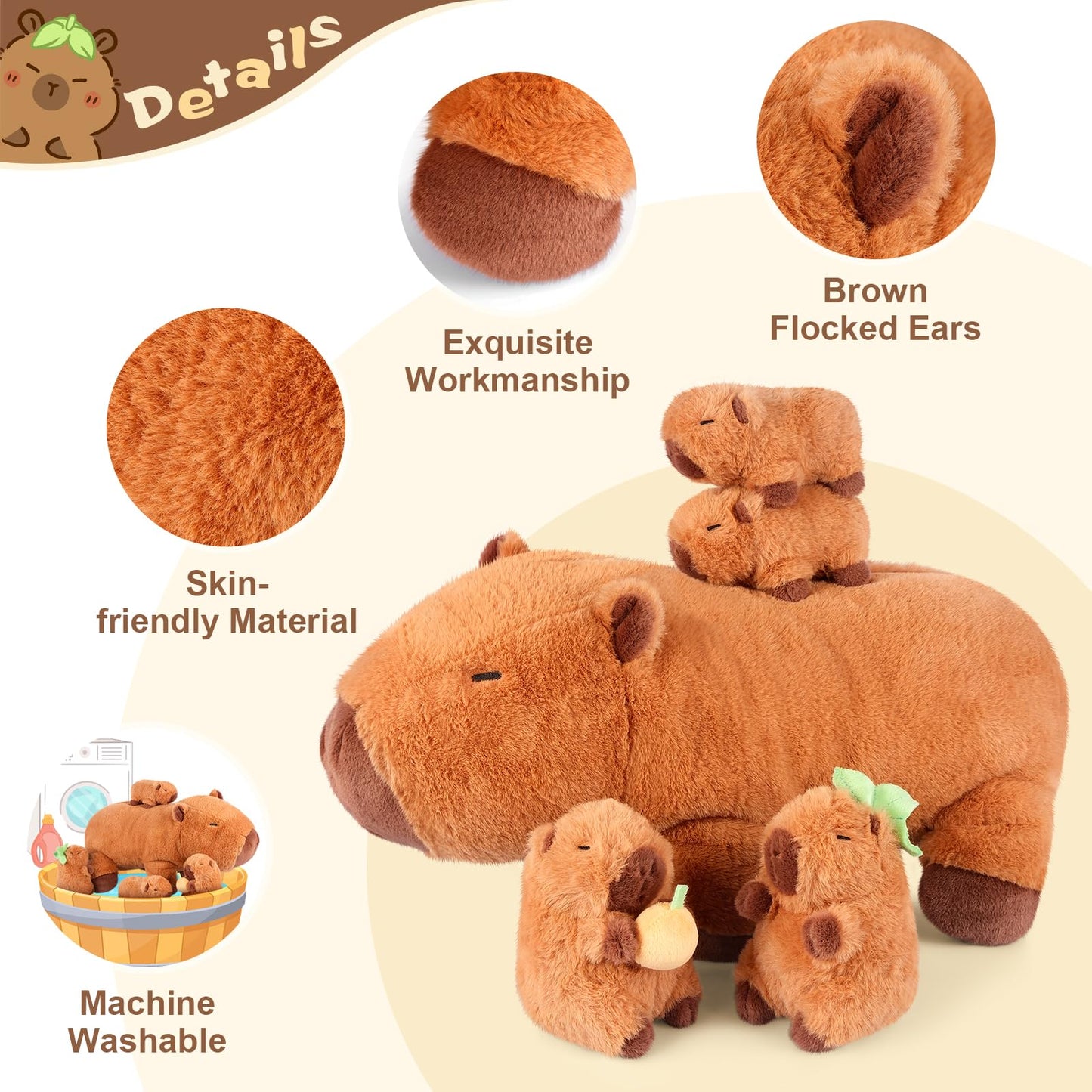 SuzziPals 5-in-1 Capybara Plush Toys with Baby Plushies, 5pcs Set Stuffed Animal Surprise Inside, Soft & Squishy Pillow Plushies Decor, Cuddly Capybara Gifts for Kids & Adults