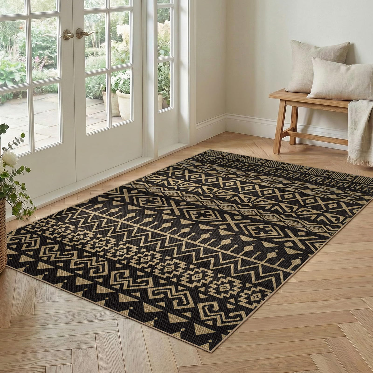 Outdoor Rug 3x5, Washable Non Slip Easy Jute Rug, Black Tribal Stripe Totem Indoor Outdoor Carpet for Outside Entryway, Patio, Balcony, Deck and Backyard,Tapis Exterieur