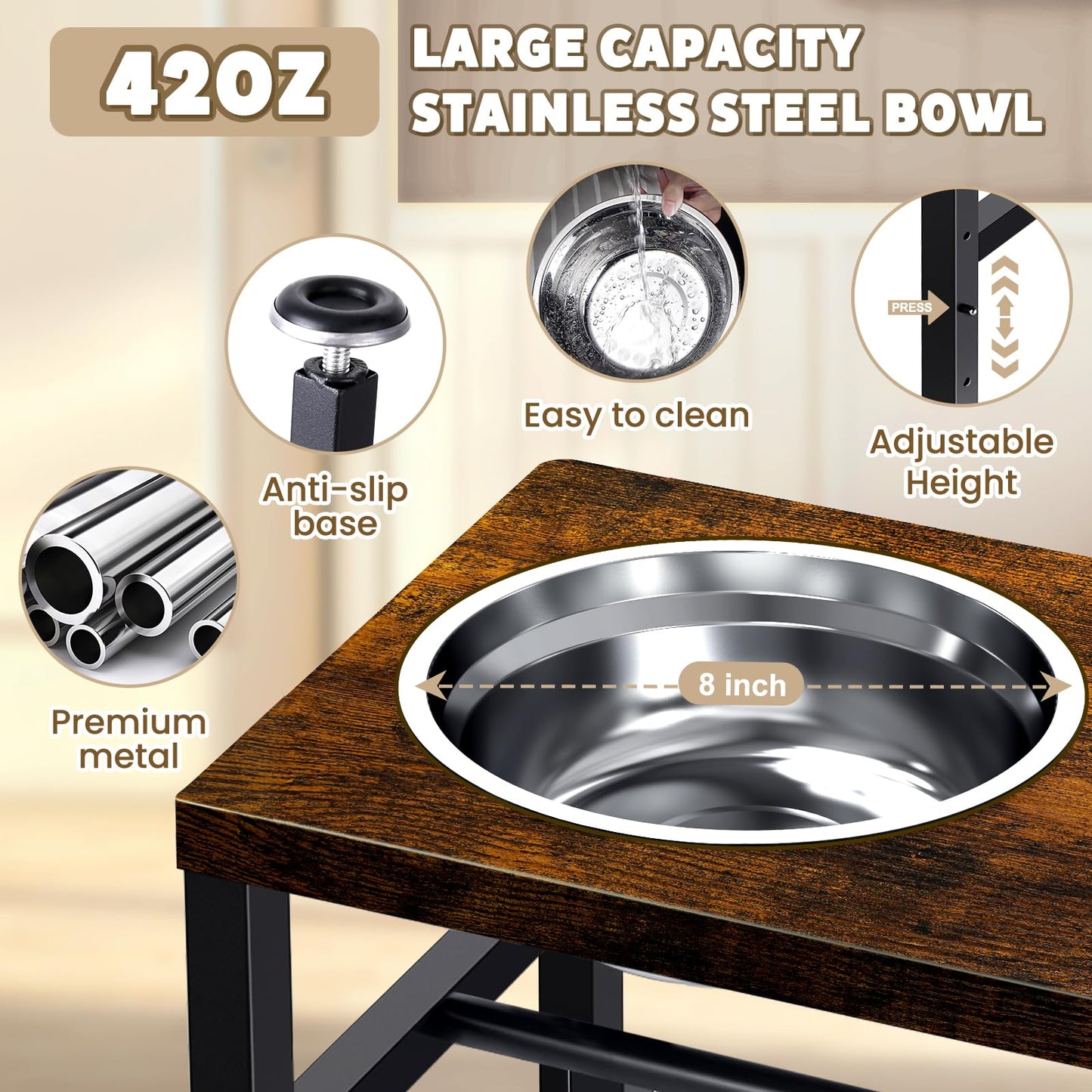 NomNest Elevated Dog Bowls, 3 Height Adjustable Raised Dog Water Food Bowl Wooden Metal Stand, 42OZ-Stainless Steel Bowls for Medium Small Dogs