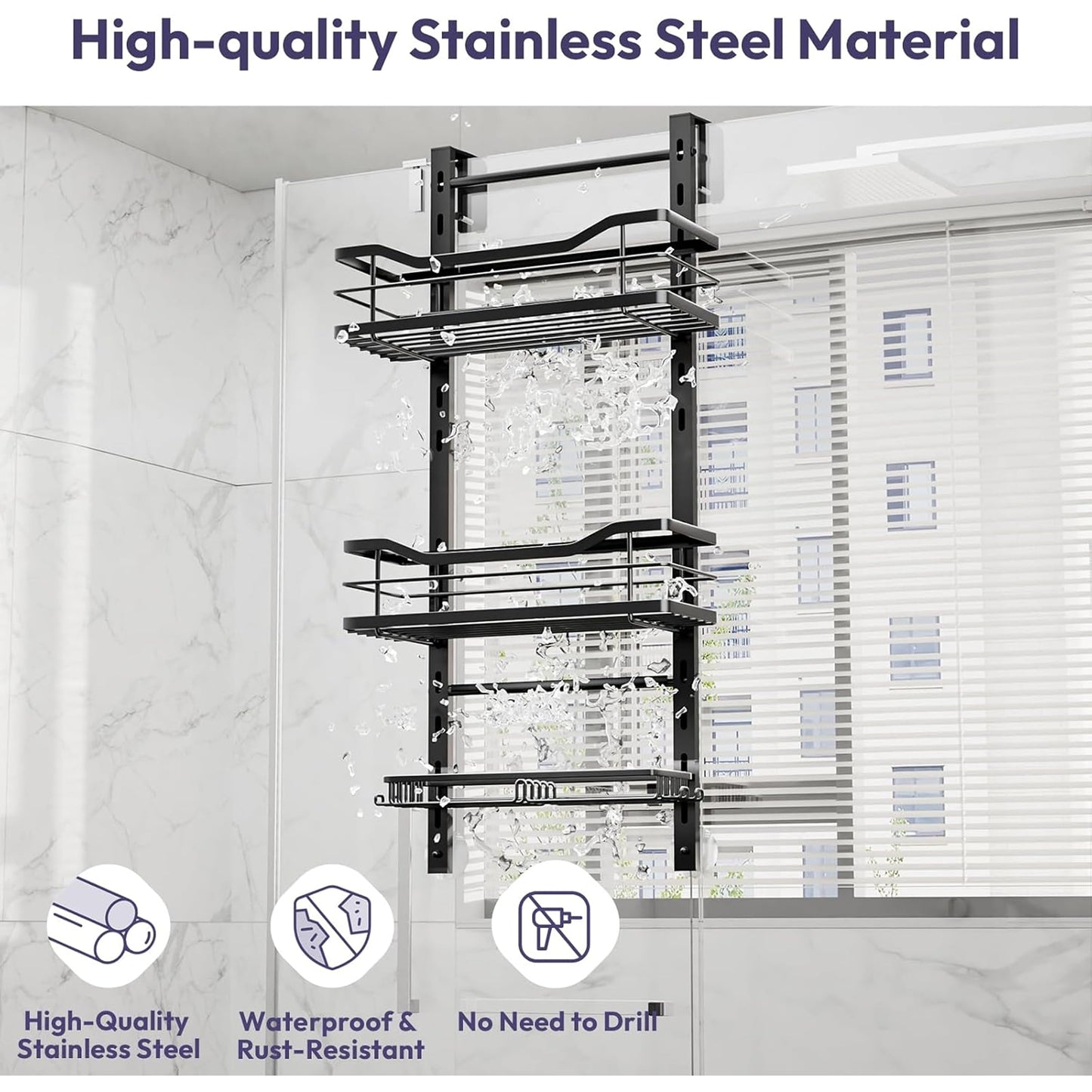 SWTYMIKI Over the Door Shower Caddy - 3 Tier Adjustable Shower Caddy Hanging with Soap Holder, No Drilling Stainless Steel Shower Organizer Hanging for Body Wash, Shampoo, Soap, Razor