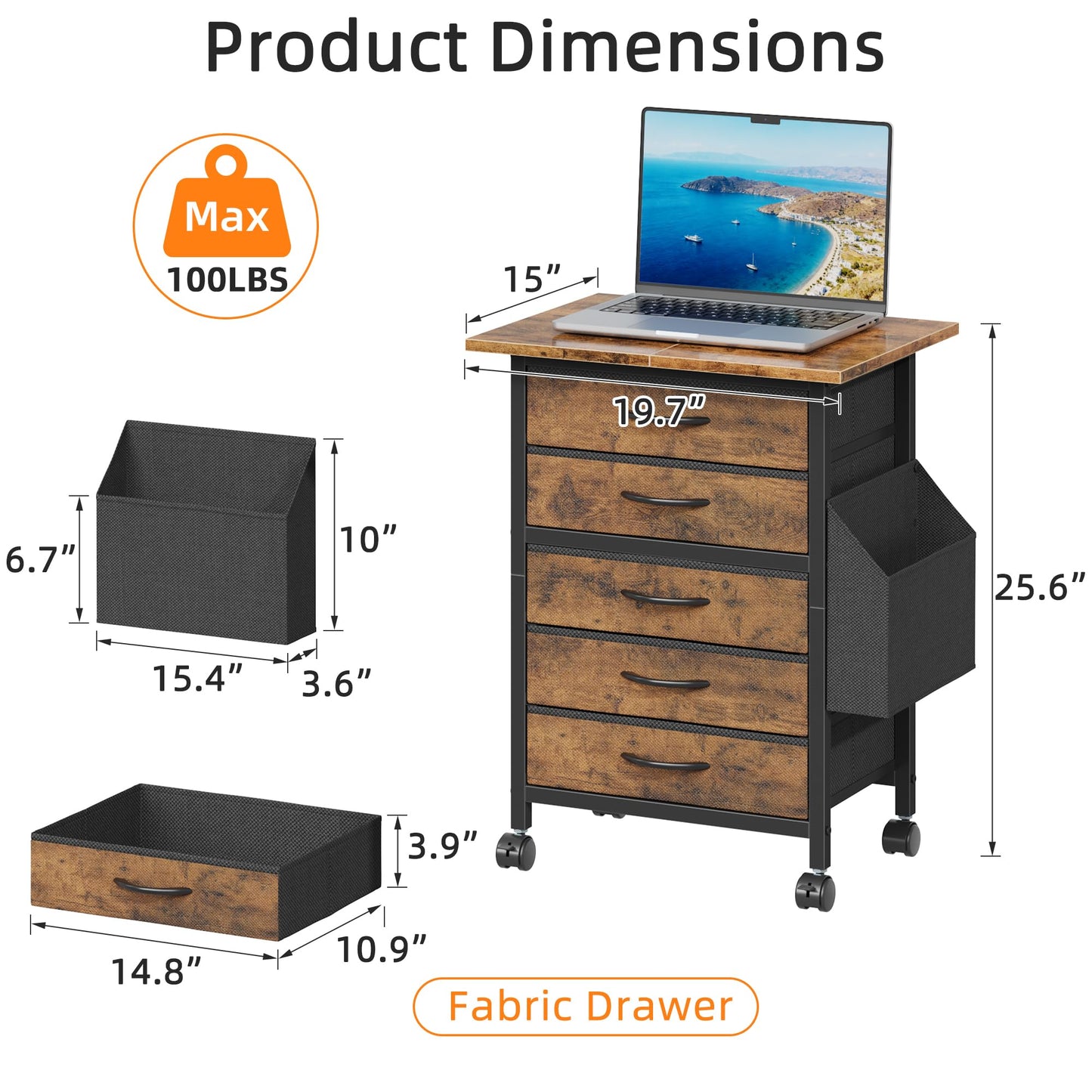 HIGDBFE 5 Fabric Drawers File Cabinet with Side Pocket, Rolling Filing Cabinet Printer Stand with Storage for Home Office, Wooden Top Storage Cabinet for Documents and Crafts, Rustic Brown, 15" D