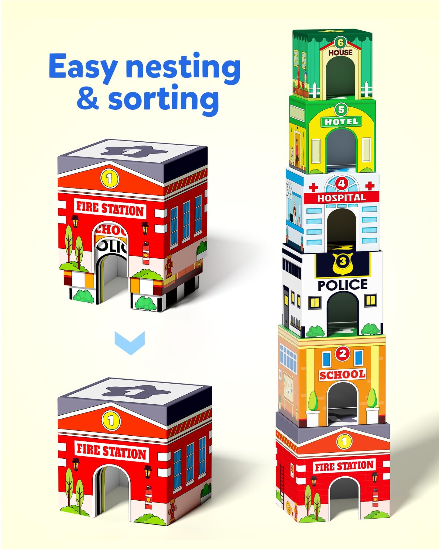 Coogam Toddler Sorting & Stacking Toys with Nesting Garages Cars, Number Stackable Block Boxes for Kids Learning Community Helpers, Preschool Educational Montessori Toy Gift for 2 3 4 Year Old Baby