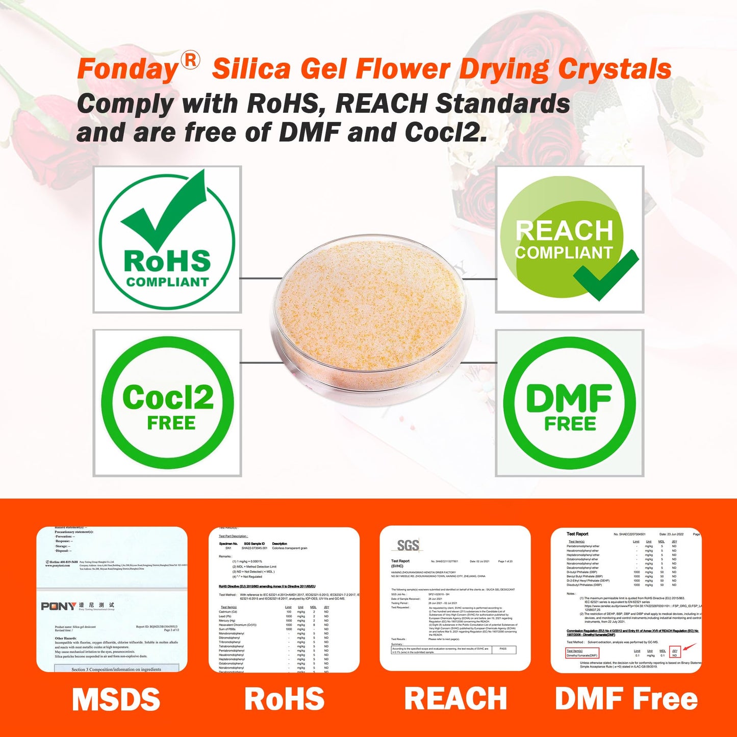 Fonday Silica Gel Flower Drying Crystals for Wedding Bouquet Preservation Color Indicating Reusable Bead Size Less Than 1mm (5LBs 3-in-1, with Sealed Container and Brush)