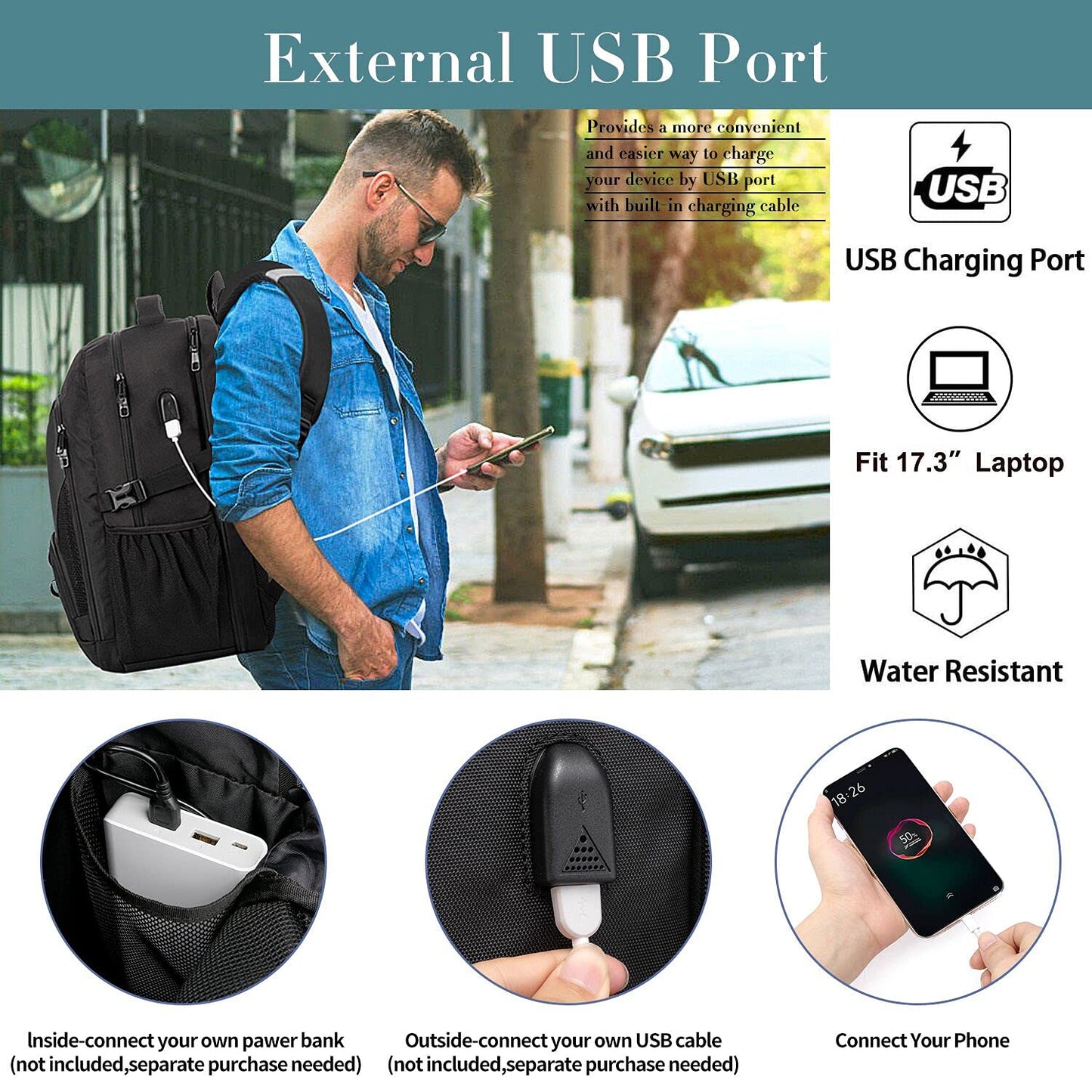 Extra Large Backpack for Men Durable Travel Laptop Backpack 50L with USB Charging Port,Water Resistant 17.3 inch Computer Bag,TSA Friendly Big Business Anti Theft Work College School Bookbags,Black