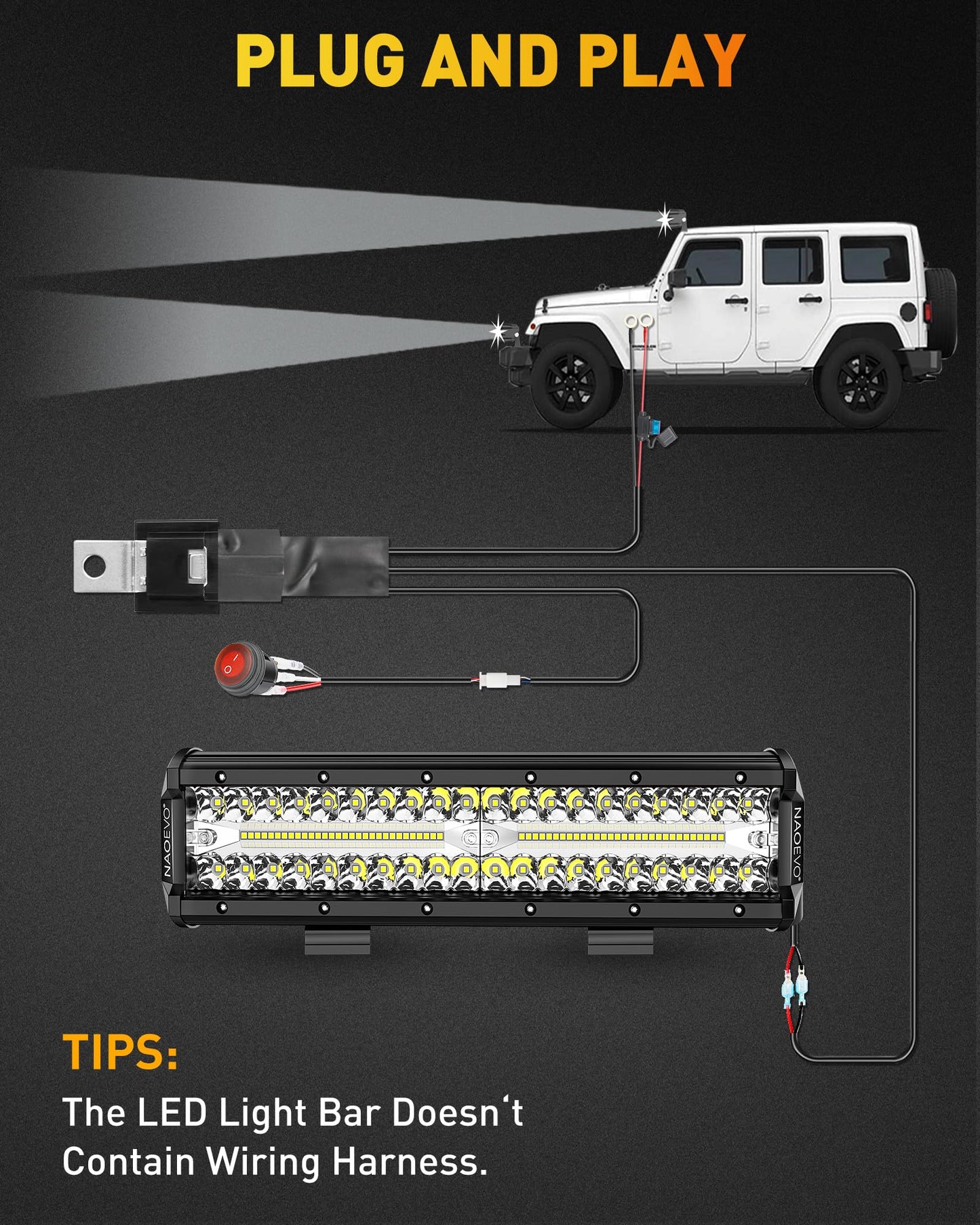 NAOEVO 12 inch LED Light Bar, 300W 30000LM LED Offroad/Driving/Fog Lights LED Bar, Spot Flood Combo Beam LED Work Lights for Truck UTV ATV Tractor Golf Cart Boat, 1 Pc (White)