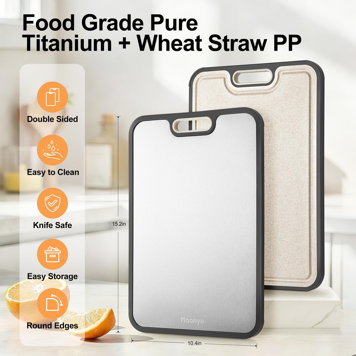 Naanyo Titanium Cutting Board for Kitchen – Food Grade Pure Titanium, Non-Porous & Easy to Clean, 2-in-1 Chopping Board for Meat, Vegetables & Fruit, Large 16”×11”
