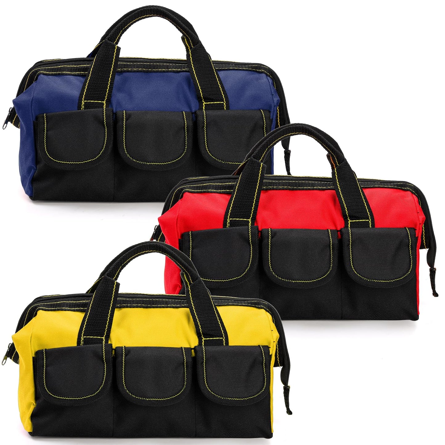 Mezchi 3 Pack 12 Inch Tool Bag, Wide Mouth Tool Tote Bag with Waterproof Base, Heavy Duty Tool Storage Bag Organizer for Various Tools, 5 Pockets, Blue, Yellow, Red