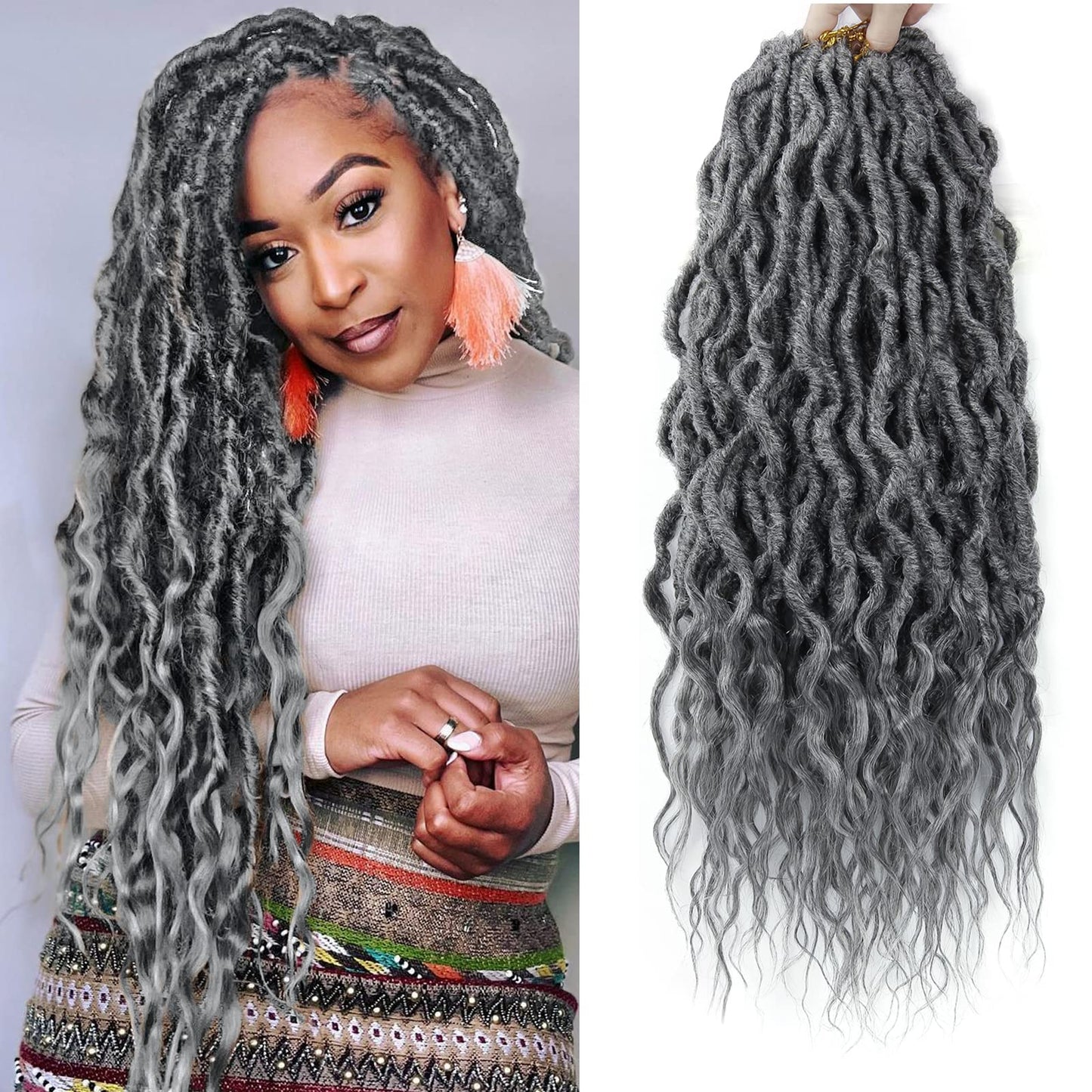 Goddess Faux Locs Crochet Hair 24Inch 6Packs Pre-looped Goddess Locs Crochet Hair,Curly Locs Crochet Hair Soft Dreadlocks Faux Crochet Locs Synthetic Crochet Braids for Black Women(24'', Grey) …