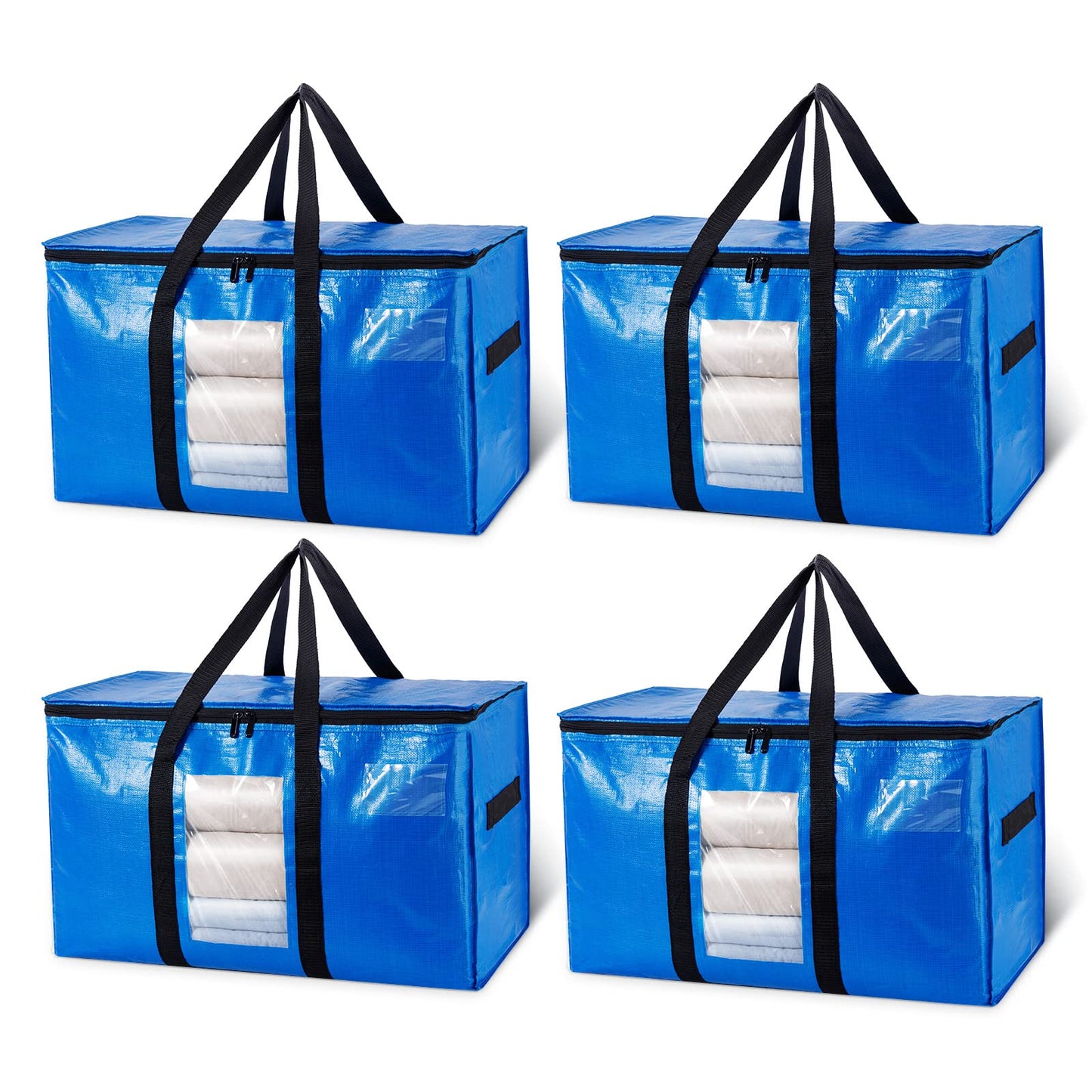 TAILI Extra Large Moving Bags, Heavy Duty Totes for Storage with Visible Window, U-Shaped Around Handles, Storage Contrainer Box for Space Saving, Blue, 4 Pack