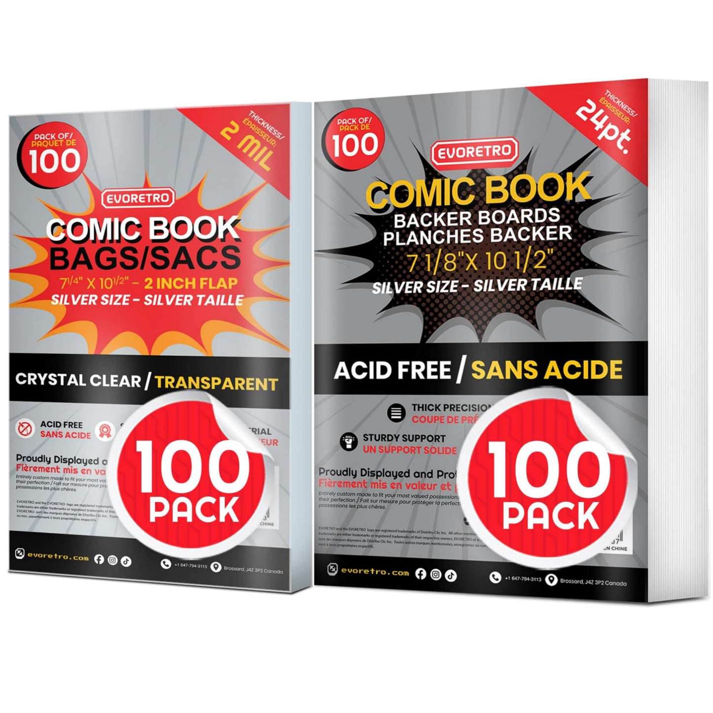 Comic Book Bags and Boards - Silver Age Comic Book Storage with 24 Pt Comic Backing Board for Comic Book kit - Thick Bulk Retail Bags for Spider Man, X Men, etc (Pack of 100 Each) by EVORETRO
