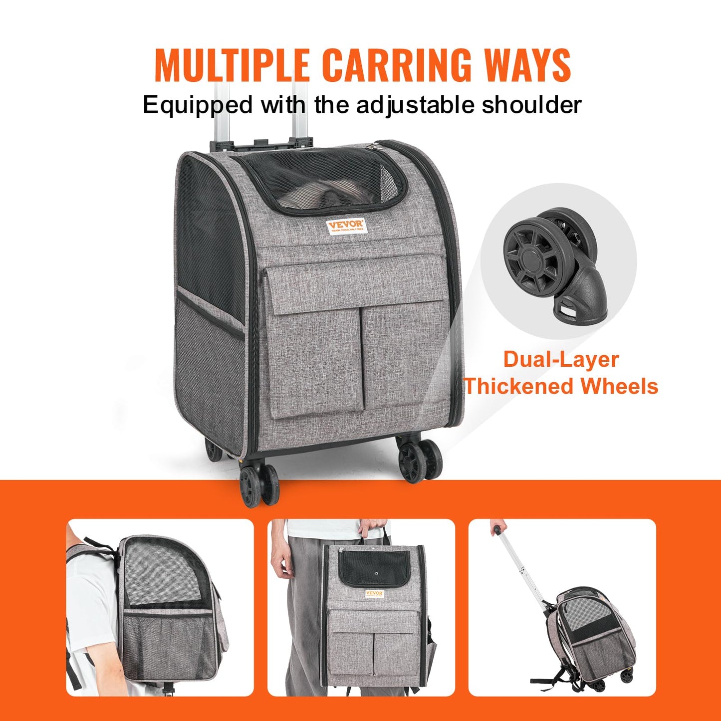 VEVOR Cat Carrier with Wheels, Rolling Pet Carrier with Telescopic Handle and Shoulder Strap, Dog Carrier with Wheels for Pets Under 18 lbs, with 1 Folding Bowl, Grey