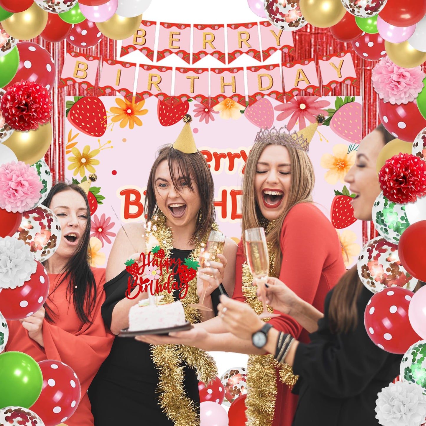 239 Pcs Strawberry Shortcake Birthday Decorations, Berry Party Supplies Inclue Serves 25 Plates and Napkins Tablecloth, Birthday Banner, Balloons, Cake Topper, Tiara, Sash for Girls