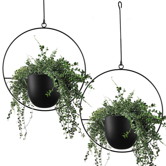 ABETREE 2 Pcs Hanging Planters for Indoor and Outdoor Plants with Hooks and Chains Metal Modern Wall Ceiling Planter Hangers Minimalist Flower Pot Holder Basket for Home Decor,Black