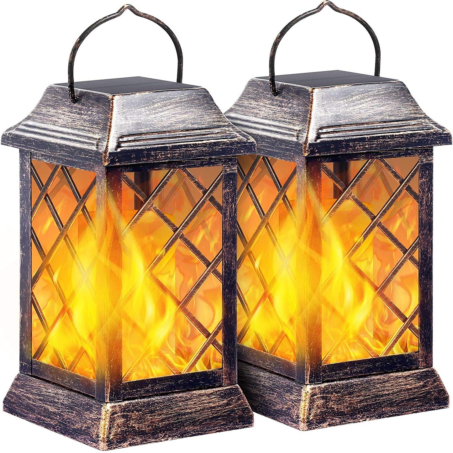 iRonrain Solar Lantern Lights Dancing Flame Waterproof Outdoor Hanging Lantern Solar Powered Umbrella LED Night Lights Dusk to Dawn Auto On/Off Landscape Decorative for Garden Patio Deck Yard Path 2 Pack (2Pcs Lantern)