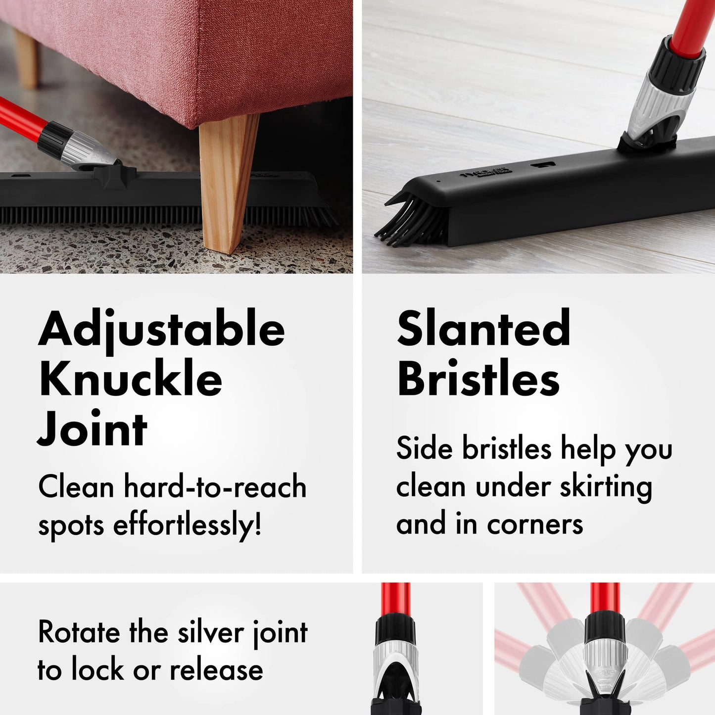 Tyroler 2-in-1 Silicone Broom & Floor Squeegee | Anti-Rust 4-Piece Handle | Perfect Pet Hair Removal for Patio, Floors, Rugs, Carpet Rake, Decks, Indoor/Outdoor (Black - Rubber)