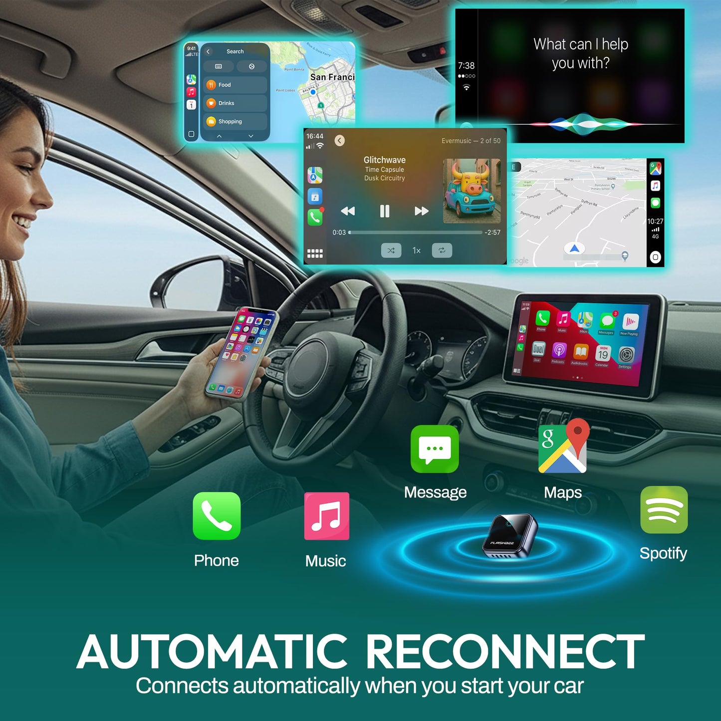 FLASHBEE 2026 [2-in-1] Latest Wireless CarPlay & Android Auto Adapter, Converts Wired to Wireless, Fast Auto-Reconnect, Dual-Band 5GHz WiFi + Bluetooth 5.3, USB-A & USB-C Compatibile, Mini Design