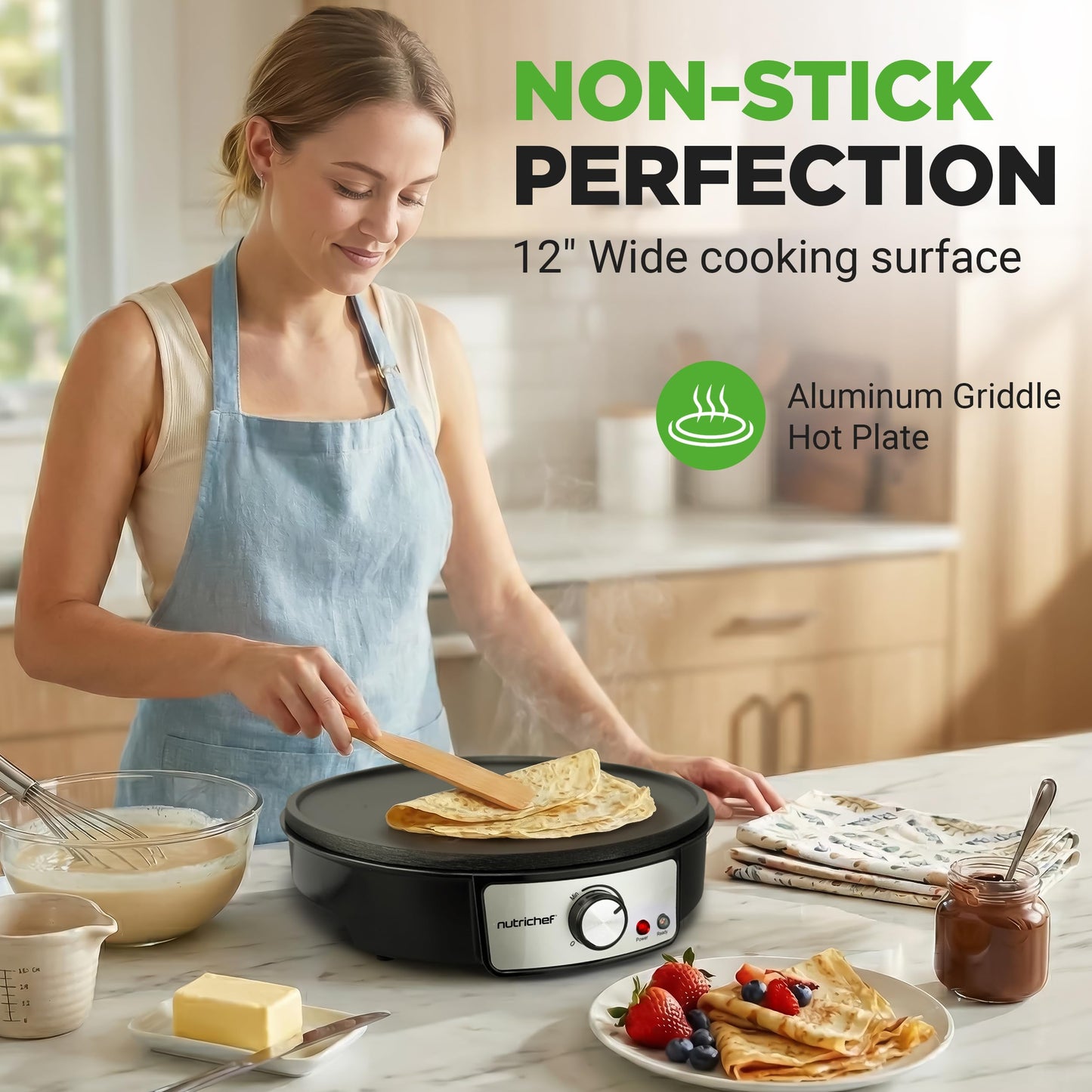 Electric Griddle Crepe Maker Cooktop - Nonstick 12 Inch Aluminum Hot Plate with LED Indicator Lights & Adjustable Temperature Control - Wooden Spatula & Batter Spreader Included