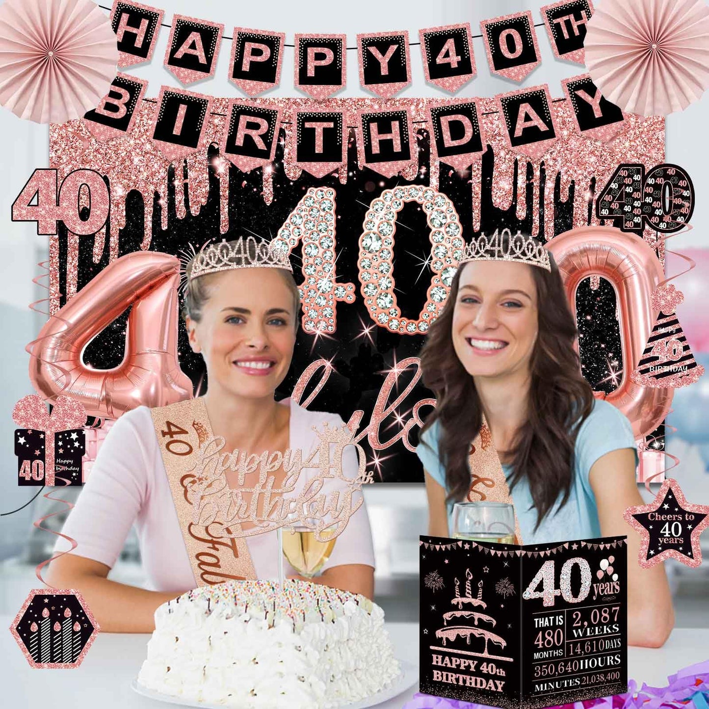 40th Birthday Decorations for Women,32pcs 40th Birthday Party Decorations,Including Backdrop, Crown,Sash,banner, Hanging Swirl,Cake Topper,balloons,Paper Fans,Anniversary Card and paper fans