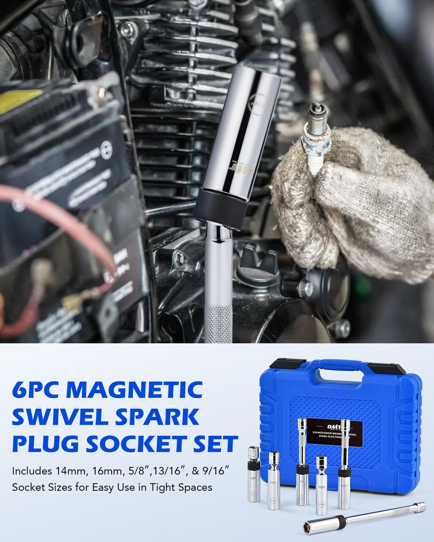 Orion Motor Tech 6pc 3/8" Drive Magnetic Swivel Spark Plug Socket Set, Thin Wall Spark Plug Sockets with 9/16" 5/8" 14mm 16mm Sizes, Cr-V Steel Magnetic Spark Plug Socket Set with 6 Point & 12 Point