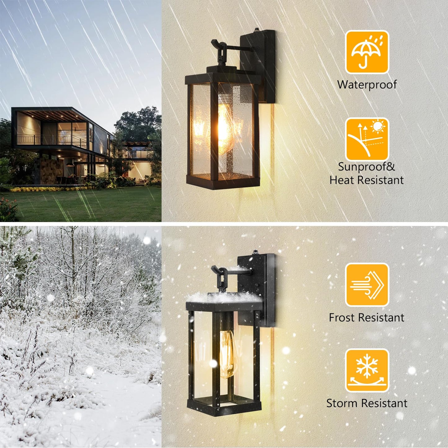 TOPKDA 2 Pack Dusk to Dawn Outdoor Light Fixture, Modern Outdoor Wall Light with Tempered Glass, Anti-Rust Aluminium Exterior Light Fixtures Wall Mount, Black Outside Lights for House, Porch, Garage