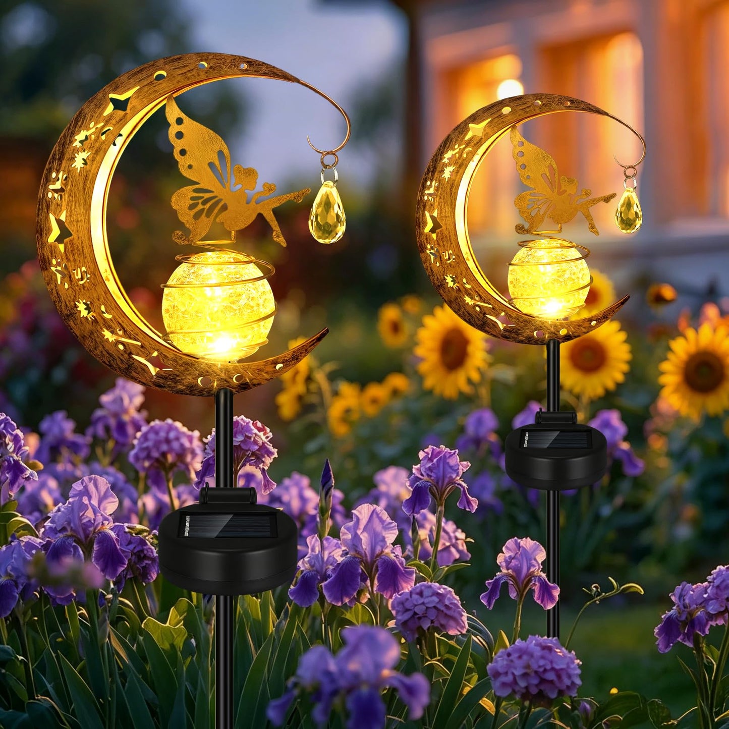 Solar Lights Garden Decorations, 2 Pack Moon Fairy Garden Solar Stake Light Outdoor with Angel Decor, Waterproof Decorative Lights for Garden, Walkway, Yard, Lawn, Patio, Courtyard
