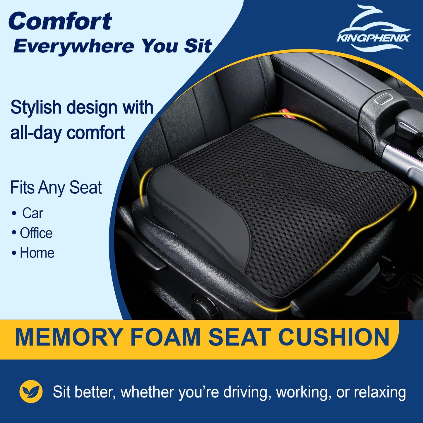 kingphenix Car Seat Cushion – Memory Foam Pad for Driving Comfort – Boosts Height and Relieves Coccyx & Lower Back Pain – Car, Truck, Office Chiar - Black