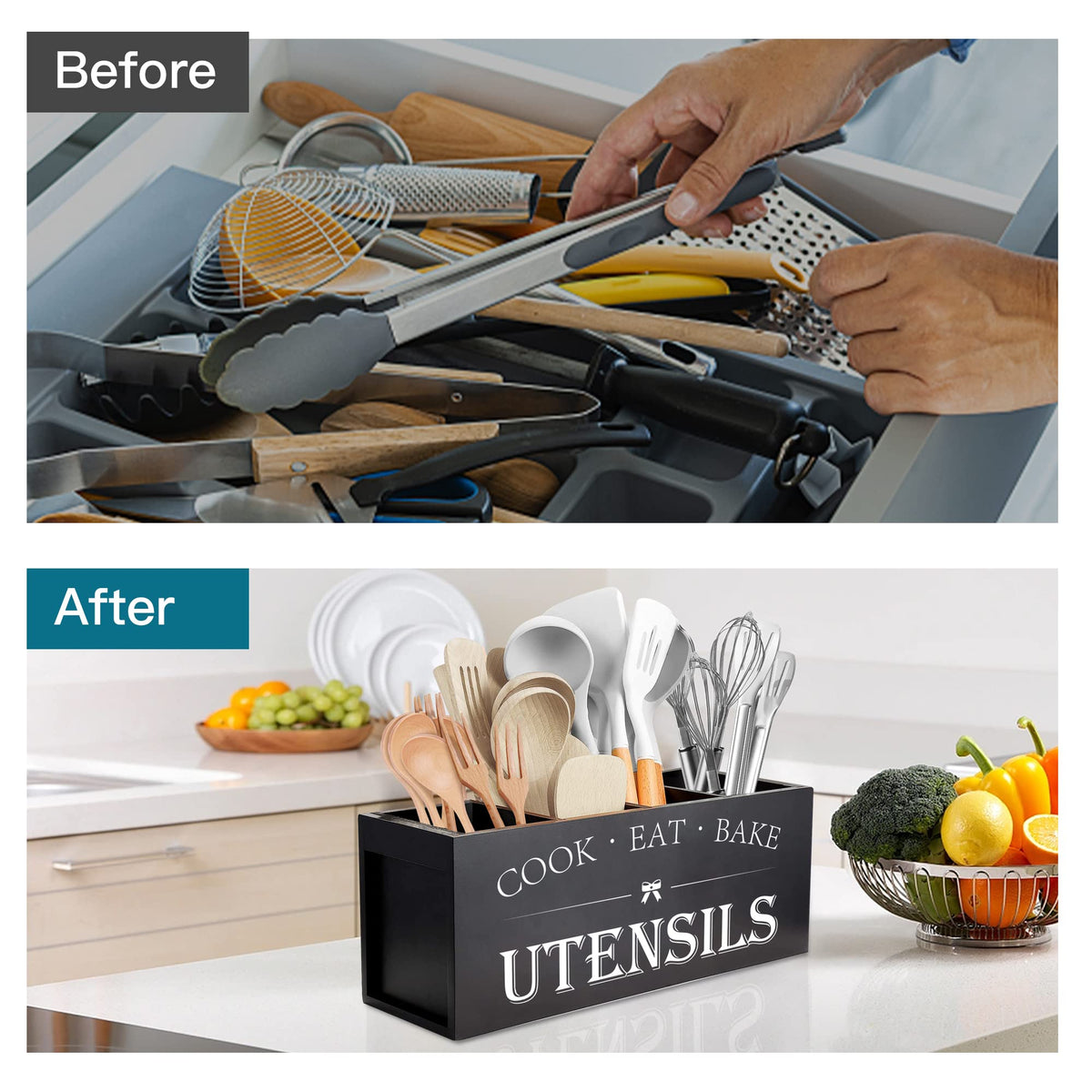 Suli Upgrade Extra Large Kitchen Utensils Holder with 4 Compartments, Wooden Utensil Organizer for Kitchen Countertop, Farmhouse Kitchen Decor, Rustic Cooking Utensil - Black