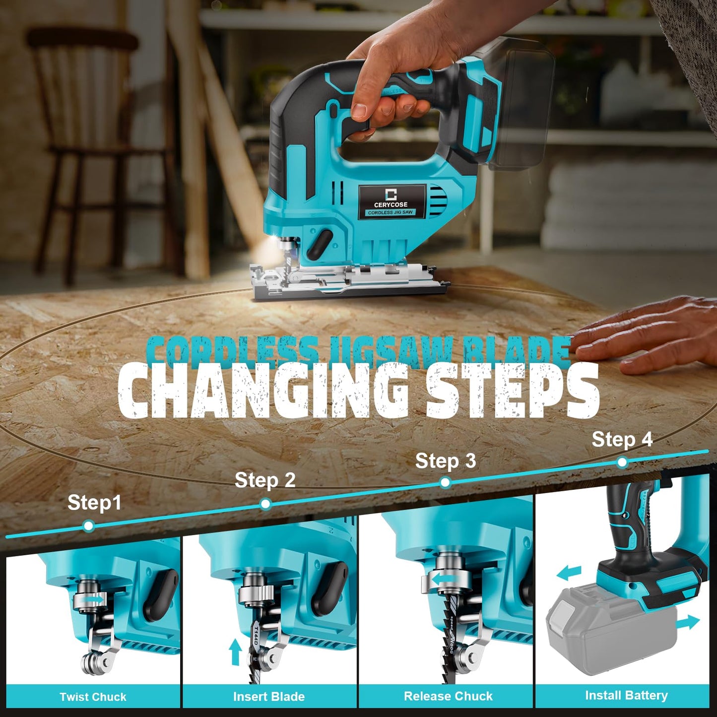 Cerycose Jig Saw Compatible with Makita 18V Battery, Cordless Jigsaw Tool Brushless Motor, Variable Speed, Bevel Angle (0°-45°), LED Light with 3 Position Orbital Setting(No Battery)