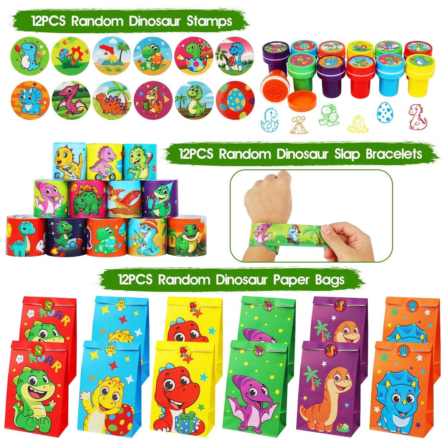 RichSmile 352PCS Dinosaur Party Favors, Dinosaur Birthday Party Decorations Supplies, Stickers Keychains Goodie Bags for Kids Birthday Gifts, Dino Slingshot Finger Fidget Toys Bulk