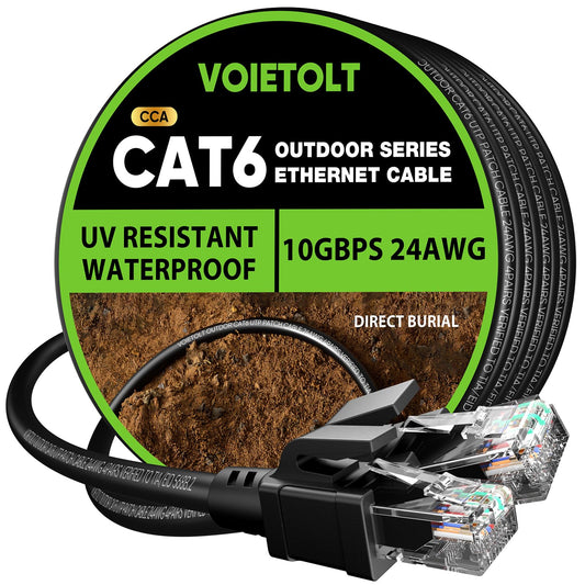 Cat 6 Outdoor Ethernet Cable 300 ft, 24AWG 10Gbps Internet Network Cable Waterproof Direct Burial LLDPE UV Jacket, LAN Cable Cord with 60 Ties Support Cat6 Cat5e Cat5, CCA, UTP for PC