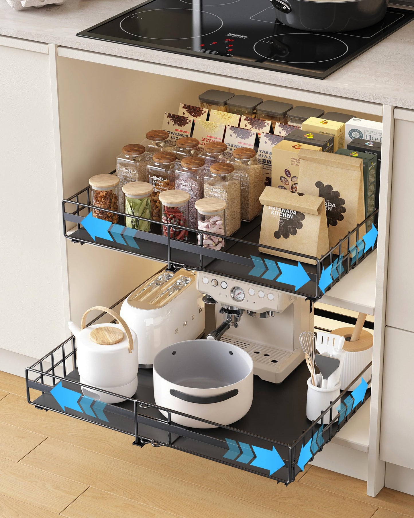 UMDONX 2 Pack Expandable Pull Out Cabinet Organizer Drawers Kitchen Cupboard Storage, No Drill Sliding Rack Adhesive Pantry Shelf (Durable Metal Black Load 65LBS)