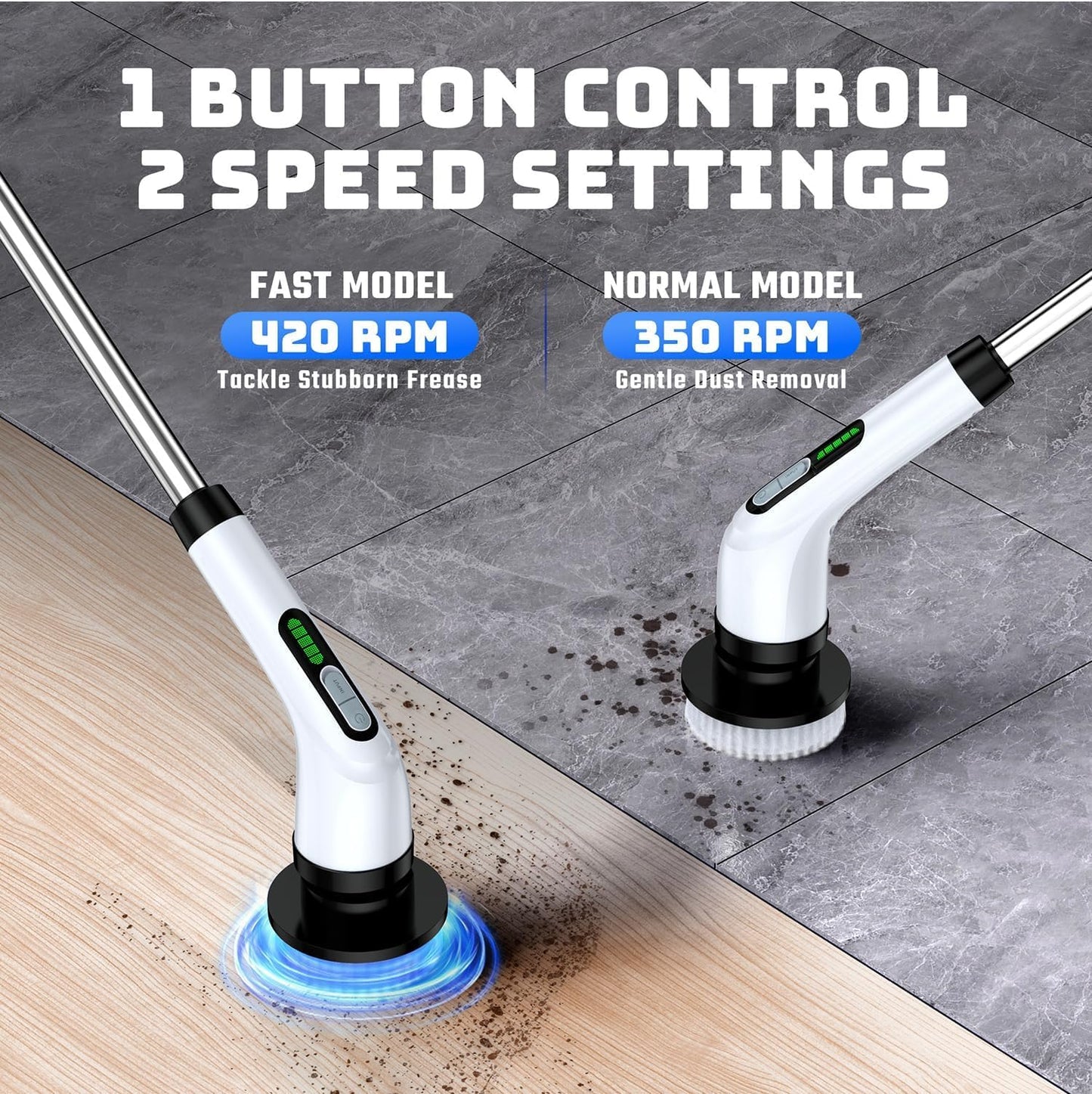 Electric Spin Scrubber for Bathroom: Shower Scrubber with Long Handle, Dual Speed Cordless Power Cleaning Scrub, 7 Brush Heads, IPX7 Waterproof Heavy Duty Cleaner Tools for Tub Tile Grout Wall(White)