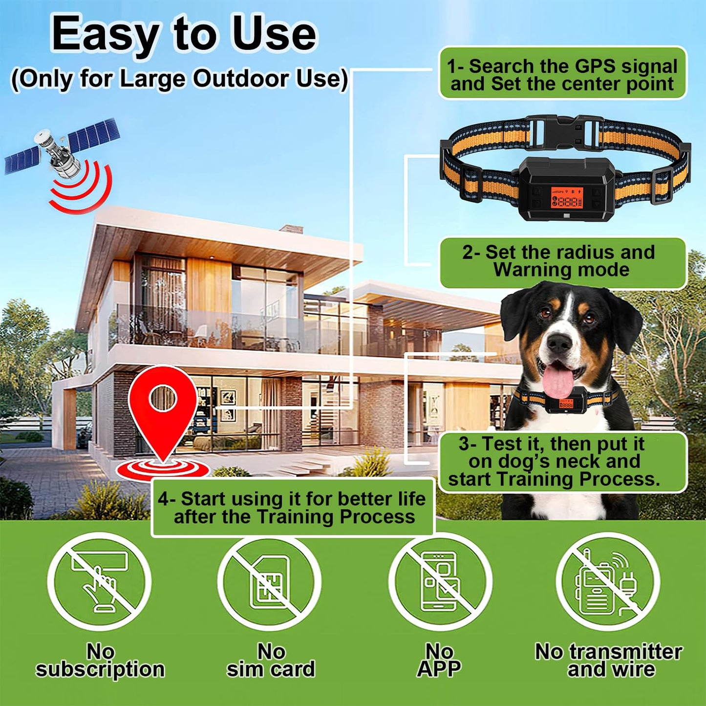 GPS Wireless Dog Fence Collar for Lagre Outdoor Use, Precise Pet Containment System with Smart GPS Signal Boost Tech for M/L Dogs, IPX6 Waterproof with 3 Warning Modes, Adjustale Radius 30-900 M