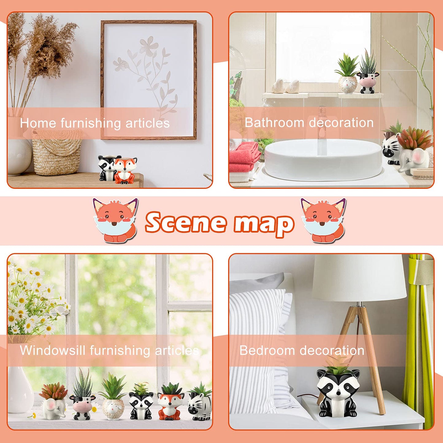 6 Pieces Cute Animal Succulent Planter Pot with Drainage Hole, Cartoon Cow Elephant Ceramic Flower Plant Pot Tiny Flower Planter Cactus Container Indoor Outdoor Office Home Decor