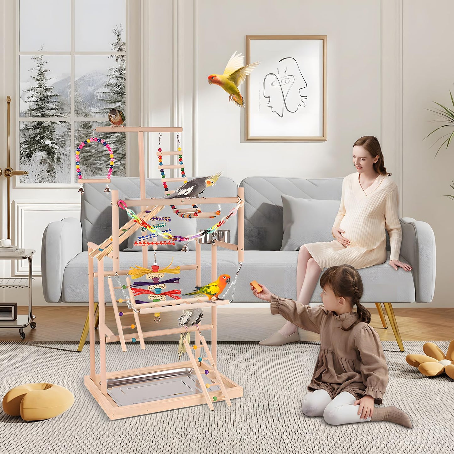 ASDJAKZP Bird Playground, Bird Stand, Pet Bird Parrot Playground, 4 Layers Pet Parrot Playstand with Exercise Toys Swings Feeder Cups, Bird Play Stand Wood Perch Gym Playpen Ladder for Cockatiel Parakeet