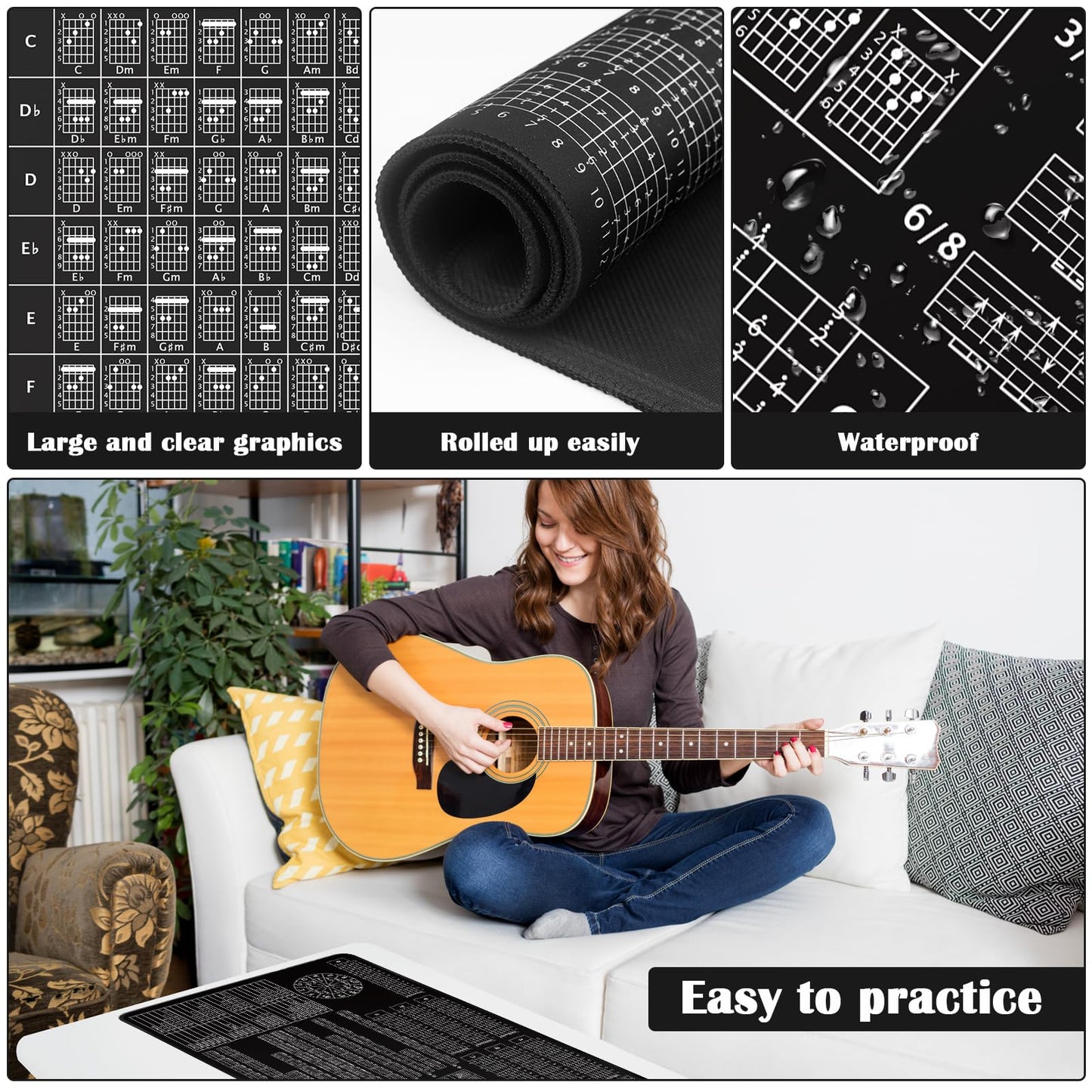 Enjoyard Guitar Practice Mat Guitar Knowledge Chart Mat 39” X 18” Guitar Practice Tool Major Minor Key Guitar Chord Fretboard Scale Rhythm Strumming Broken Chord Circle of Fifths for Beginners