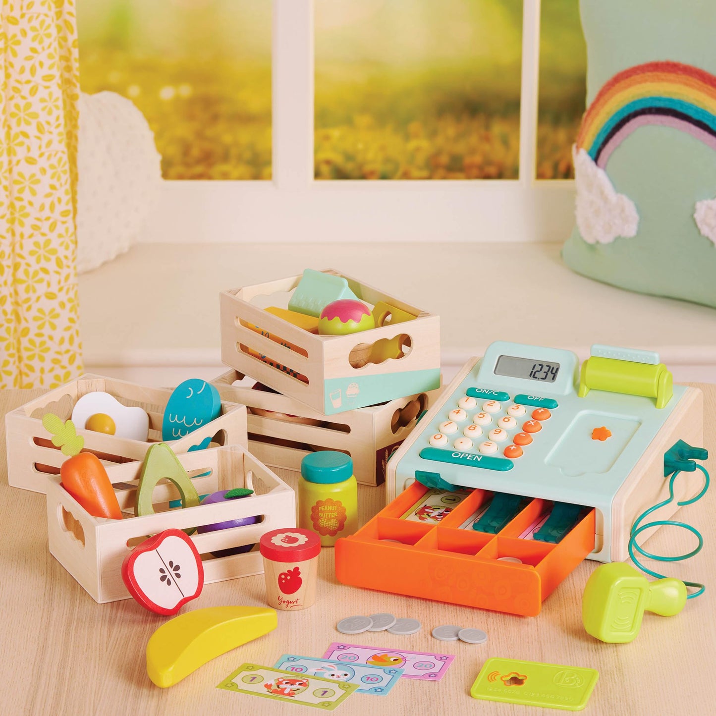 B. Toys – Cashier Playset – Pretend Play Cash Register – Play Money, Calculator, Scanner – Role – Play Cashier Set – Learning Toys for Kids – 3+ Years(30 Pieces)