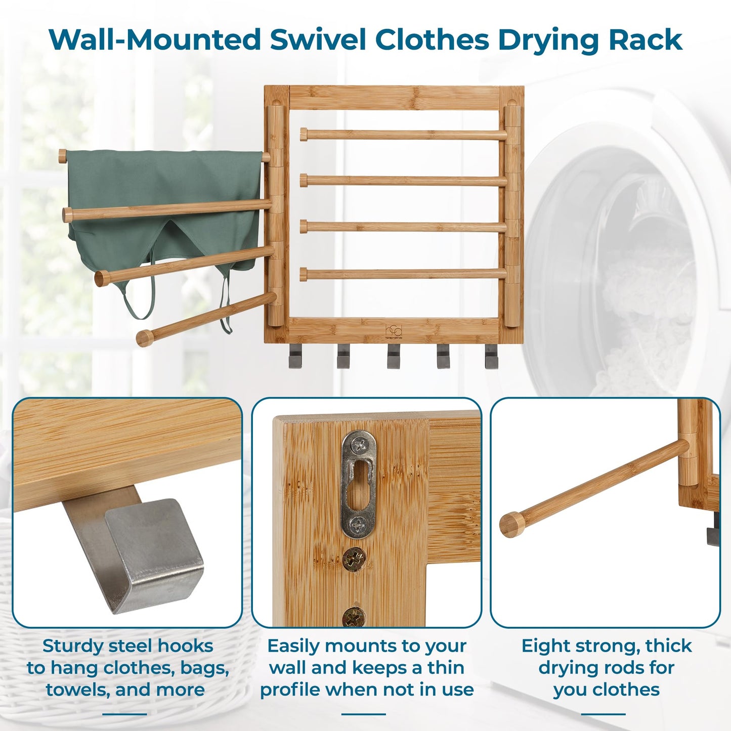 Honey Can Do Wall-Mounted Swivel Clothes Drying Rack DRY-09386 Natural