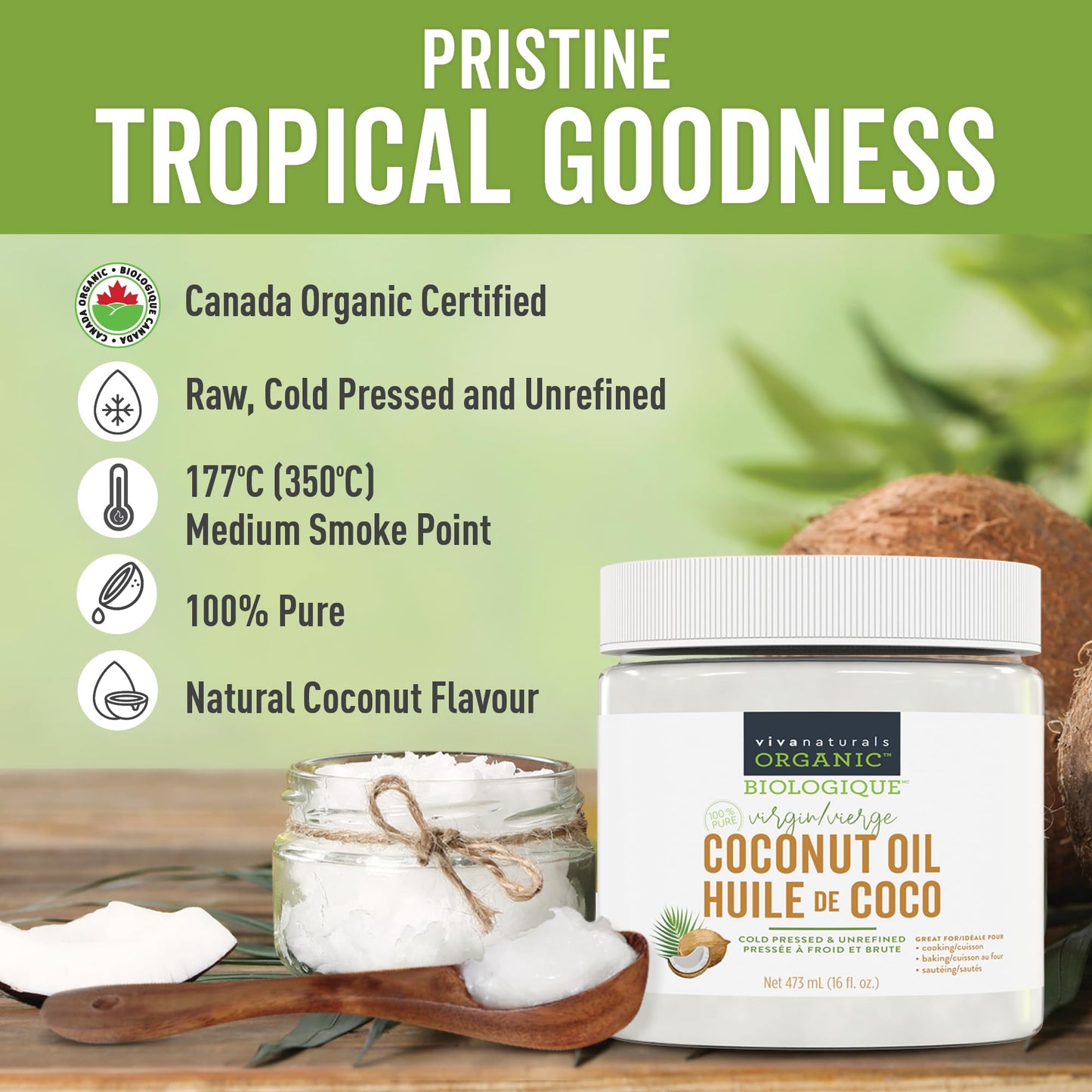 Viva Naturals Organic Virgin Coconut Oil,16 fl oz (473 mL) – Coconut Oil for Hair, Skin, Cooking & Baking – Cold-Pressed, Unrefined & Non-GMO – Keto & Paleo Certified – BPA-Free Jar
