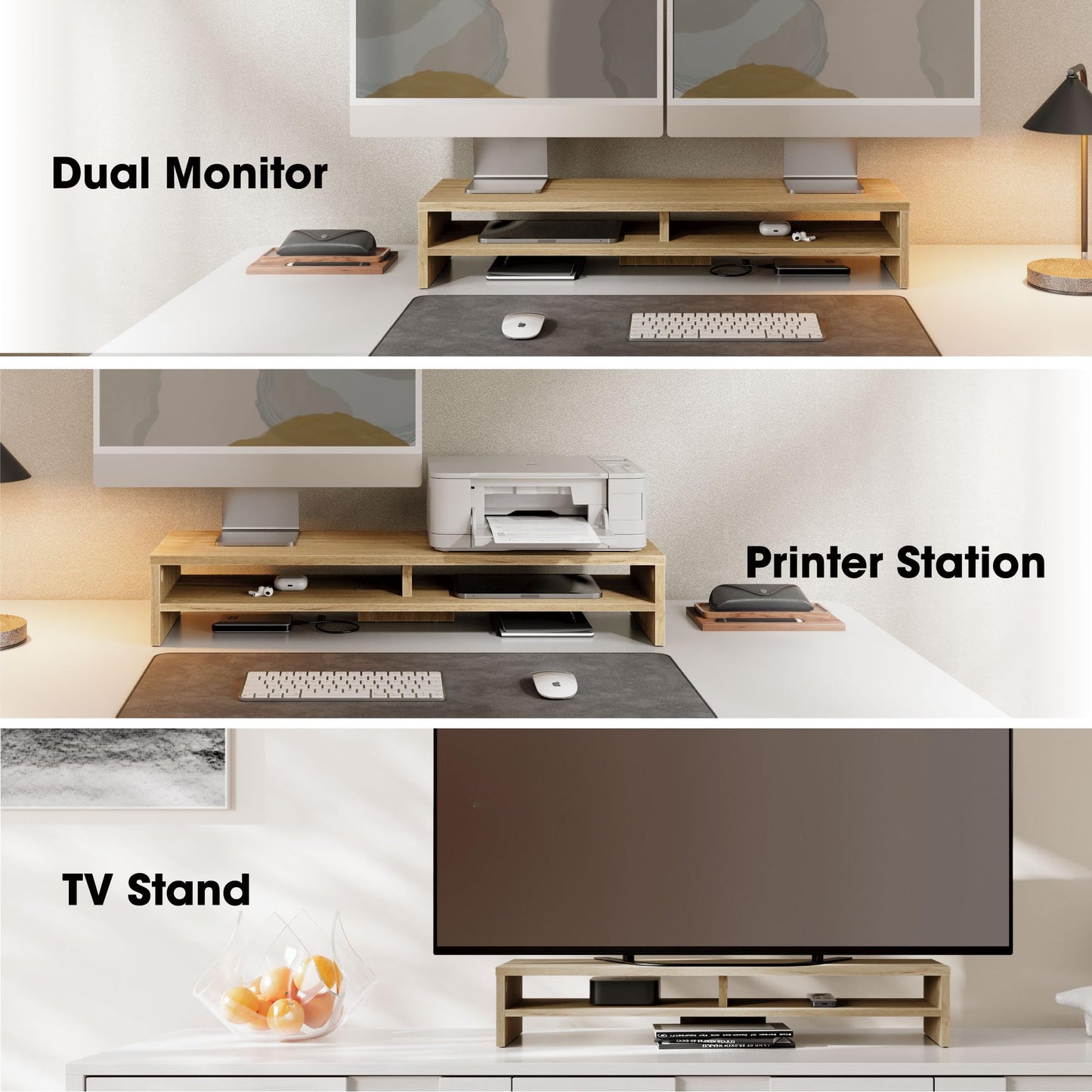 FENGE Monitor Stand, 31.5 Inch Computer Monitor Riser for Desk, 2 Tiers Wood Desk Shelf with Storage, Desktop Organizer for PC, Laptop, Screen, Printer Oak