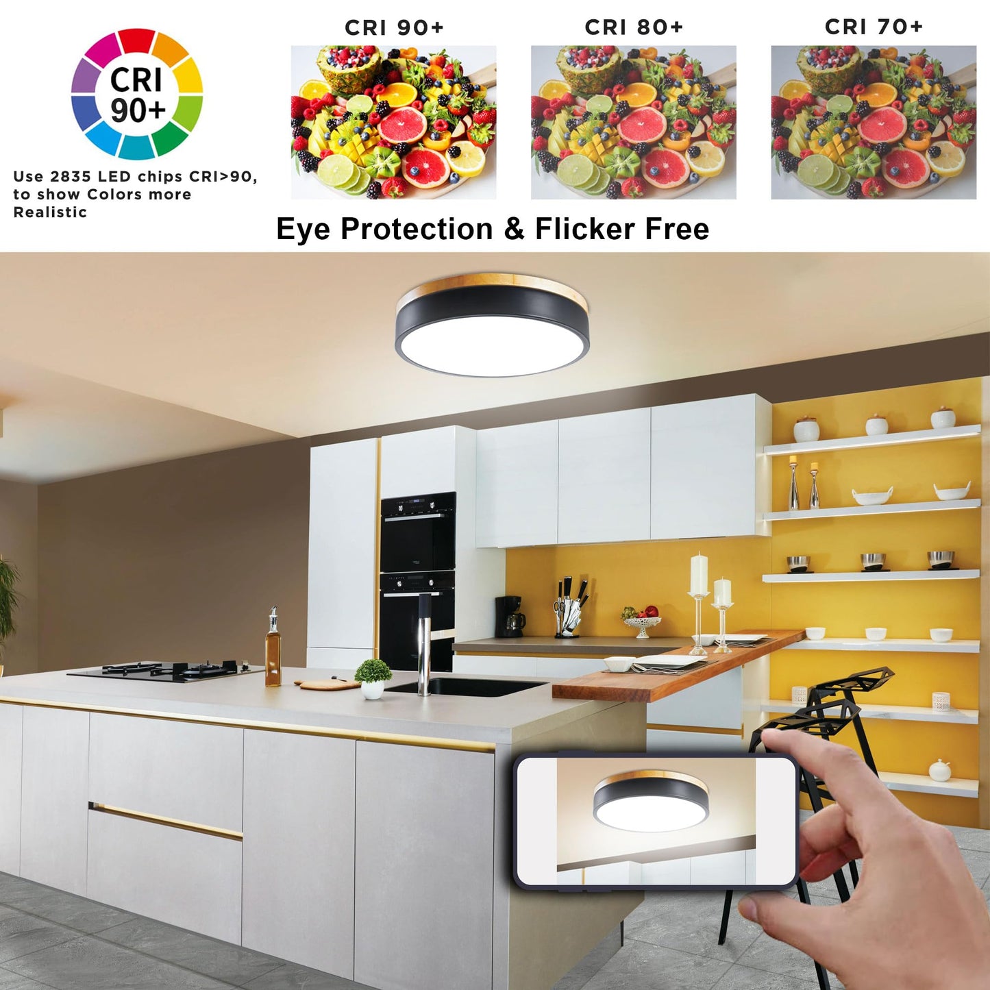 Geperll 12Inch Dimmable Wood LED Ceiling Light, 3000-6000K Tunable,Flush Mount Close to Ceiling Lighting 24W, Modern Fixture for Kitchen, Bedroom, Hallway