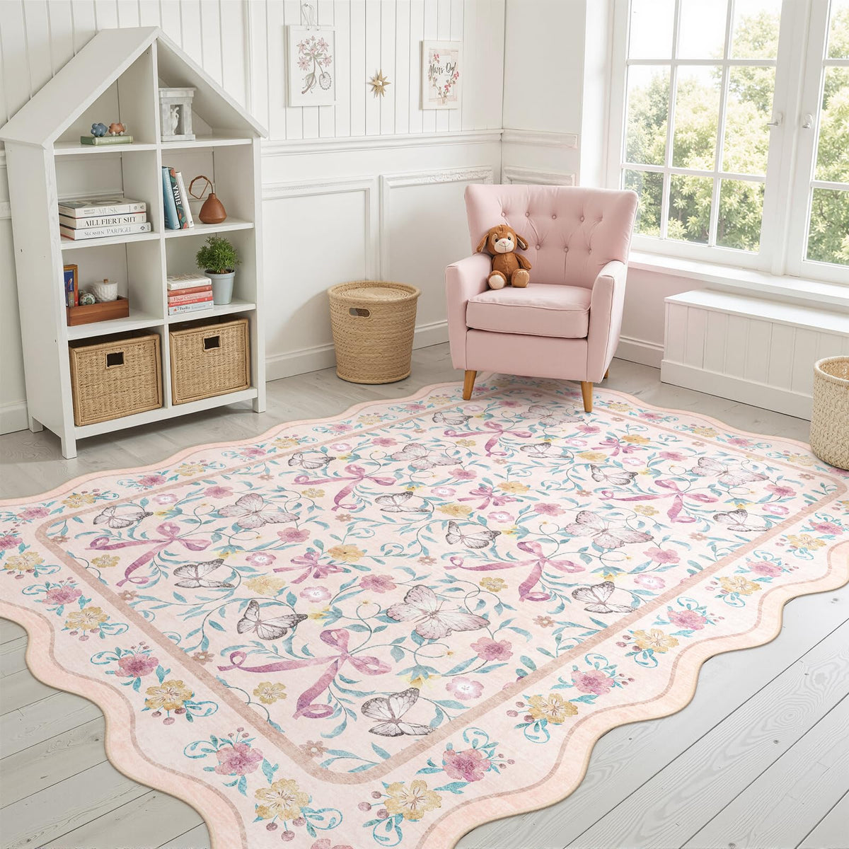 5x7 Pink Nursery Rug for Bedroom, Scalloped Washable Area Rugs for Kids Room, Bow Floral Carpet for Girls Room, Cute Ultra-Soft Non Slip Boho Carpet for Playroom, Dorm (Pink)