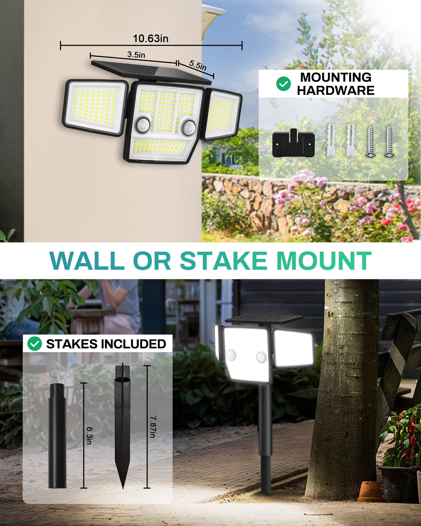 HAARAY Solar Lights Outdoor, Motion Sensor Outdoor Lights with Stakes, 2500LM 236 LED IP65 Waterproof Solar Powered Flood Lights, 360°Wide Lighting Angle Security Lights for Yard Driveway (2 Pack)