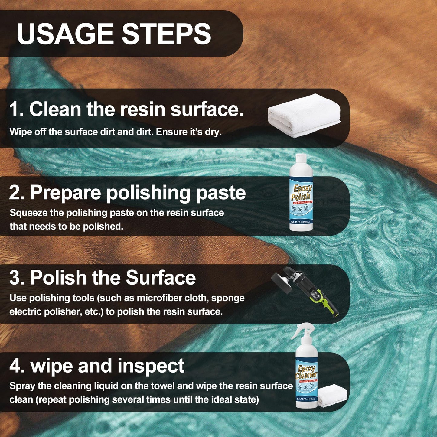 DINGSEN Resin Polishing Kit - 33.8 oz (16.9oz Pro Polish & 16.9oz Epoxy Cleaner Kit), Specially Formulated for Epoxy Resin, Removes Scratches & Scuffs - Perfect for DIYers, Home Decor