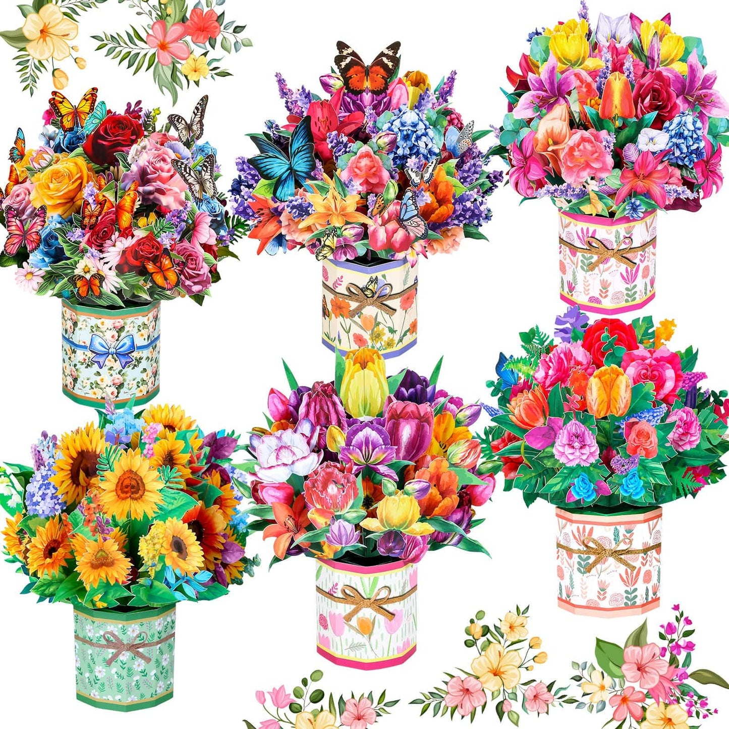 6 Pack Paper Flower Pop Up Cards, Flower Bouquet Card Popup 3D Greeting Cards for Mother's Day, Graduation, Anniversary, Birthday, Congratulations, Get Well, Home Decor, with Envelope and Note
