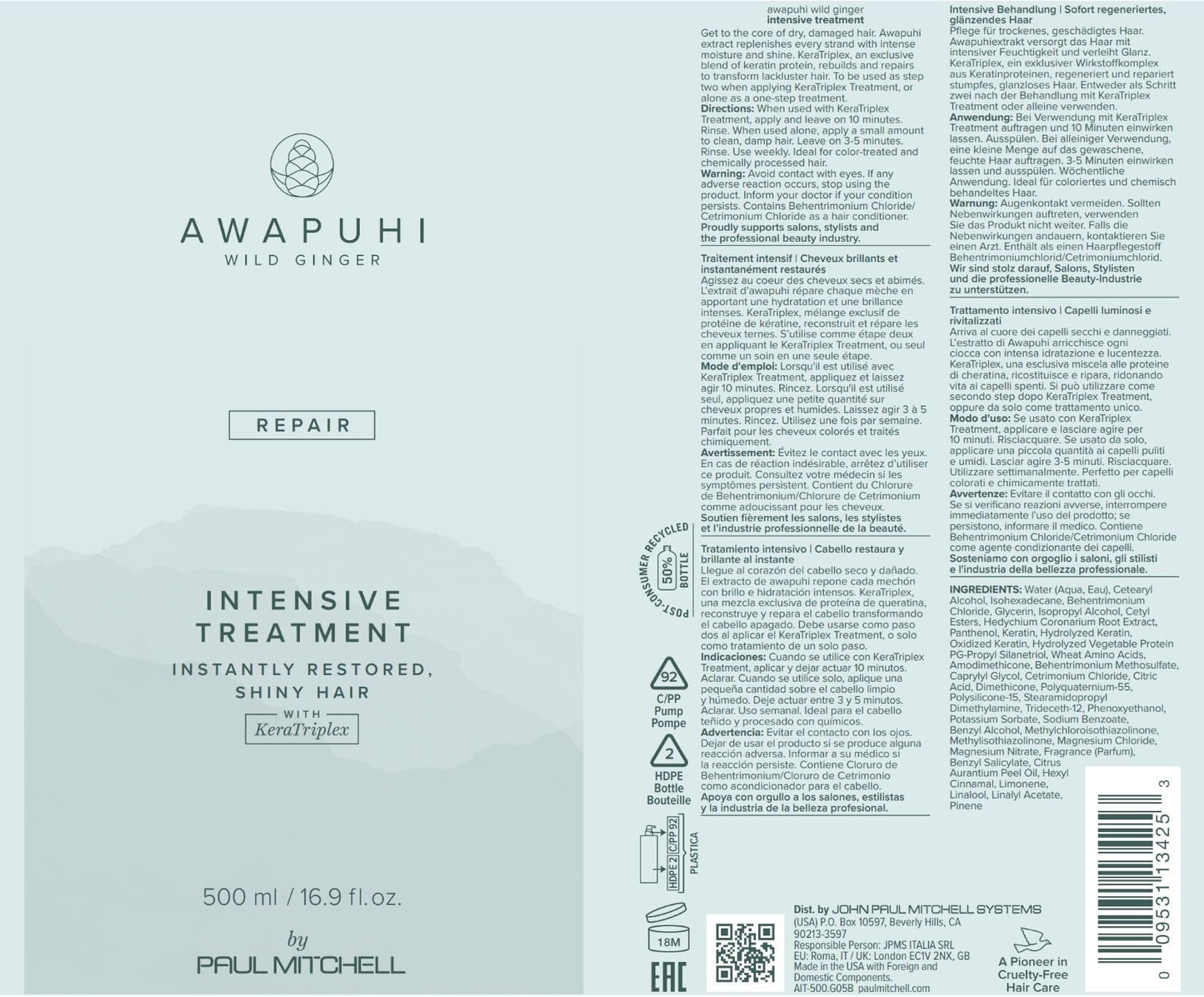 Awapuhi Wild Ginger by Paul Mitchell Intensive Treatment, Rebuilds + Repairs, For Dry, Damaged + Color-Treated Hair, 500 ml