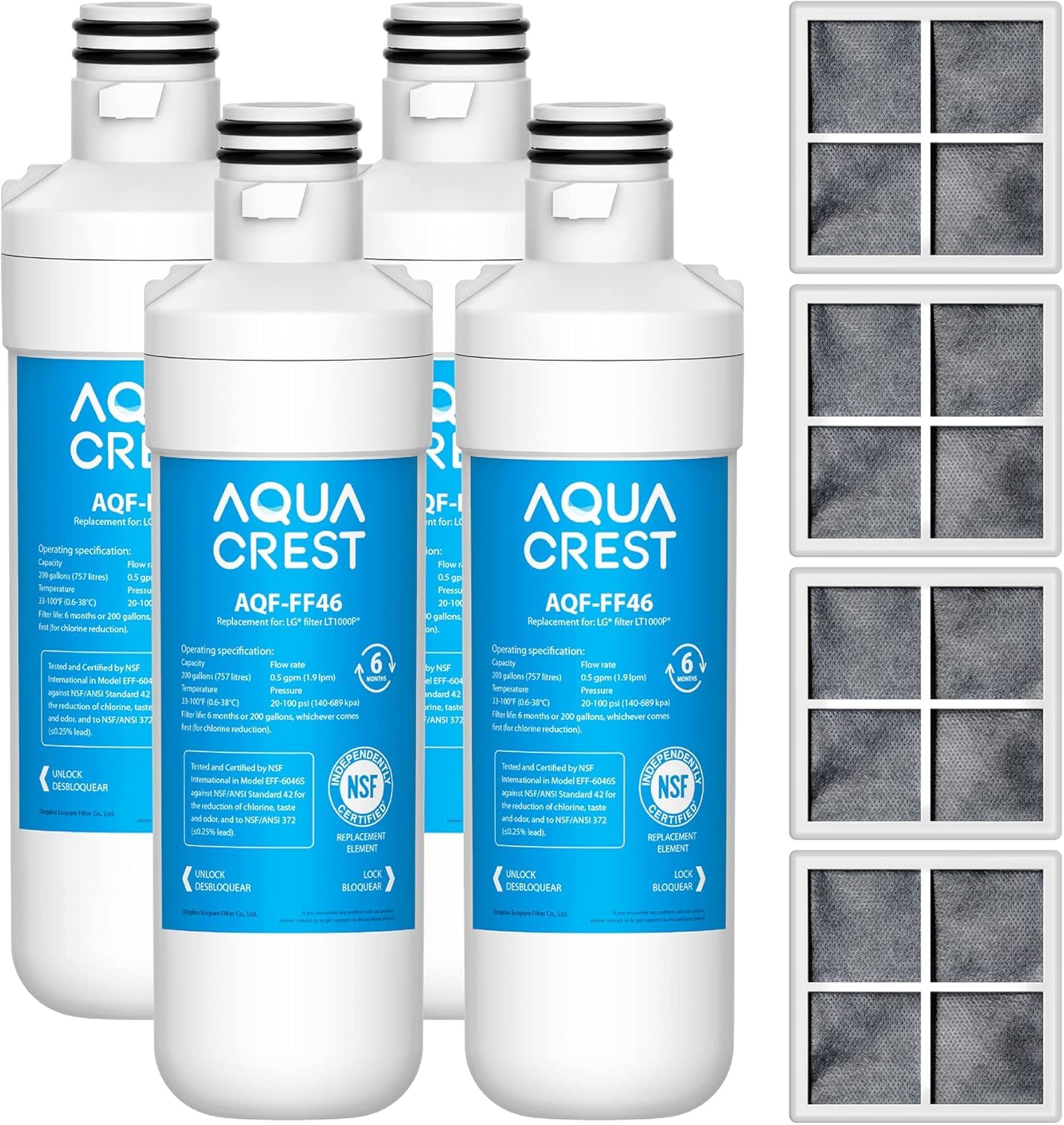 AQUA CREST LT1000PC ADQ747935 MDJ64844601 NSF Certified Refrigerator Water Filter and Air Filter, Replacement for LG® LT1000P®, LT1000PC, LT-1000PC and LT120F®, 4 Combo